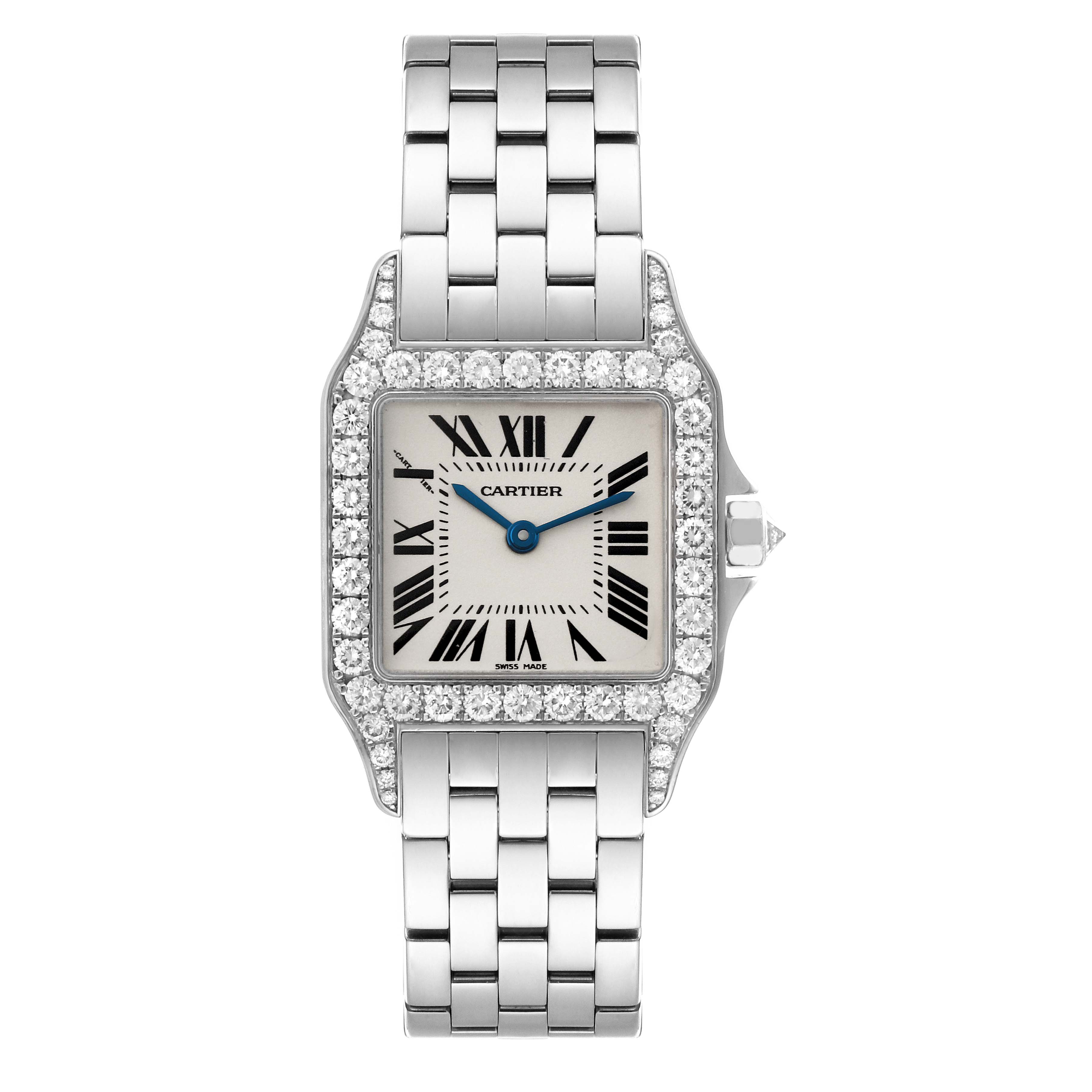 The Cartier Santos Demoiselle WF9004Y8 Women
s White Gold Silver Dial WF9004Y8 Women
s White Gold Silver Dial watch is shown from a front angle, displaying the face, bezel, and a portion of the bracelet.