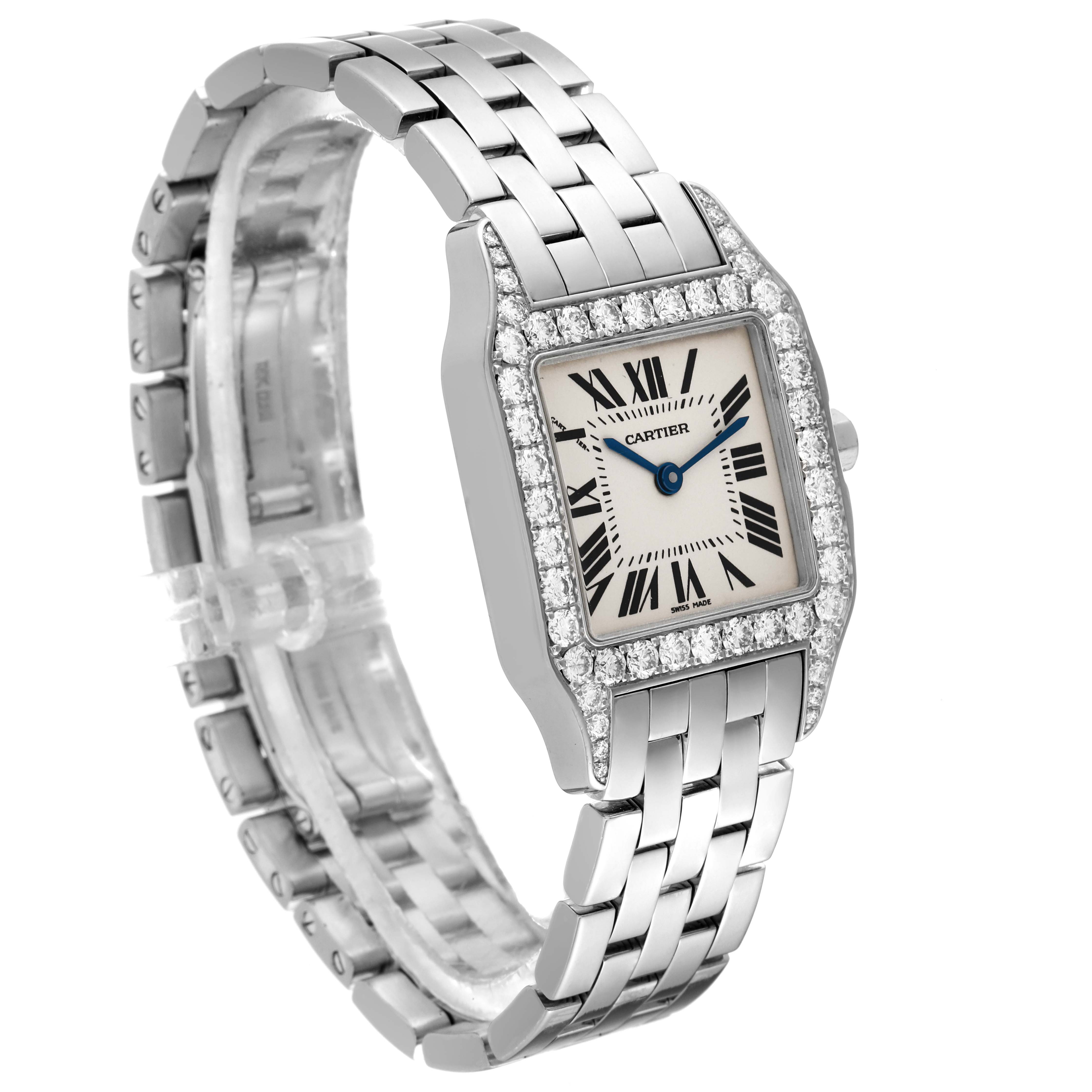 The image shows the Santos Demoiselle model by Cartier at a slight side angle, highlighting the face, bezel, and partial bracelet.