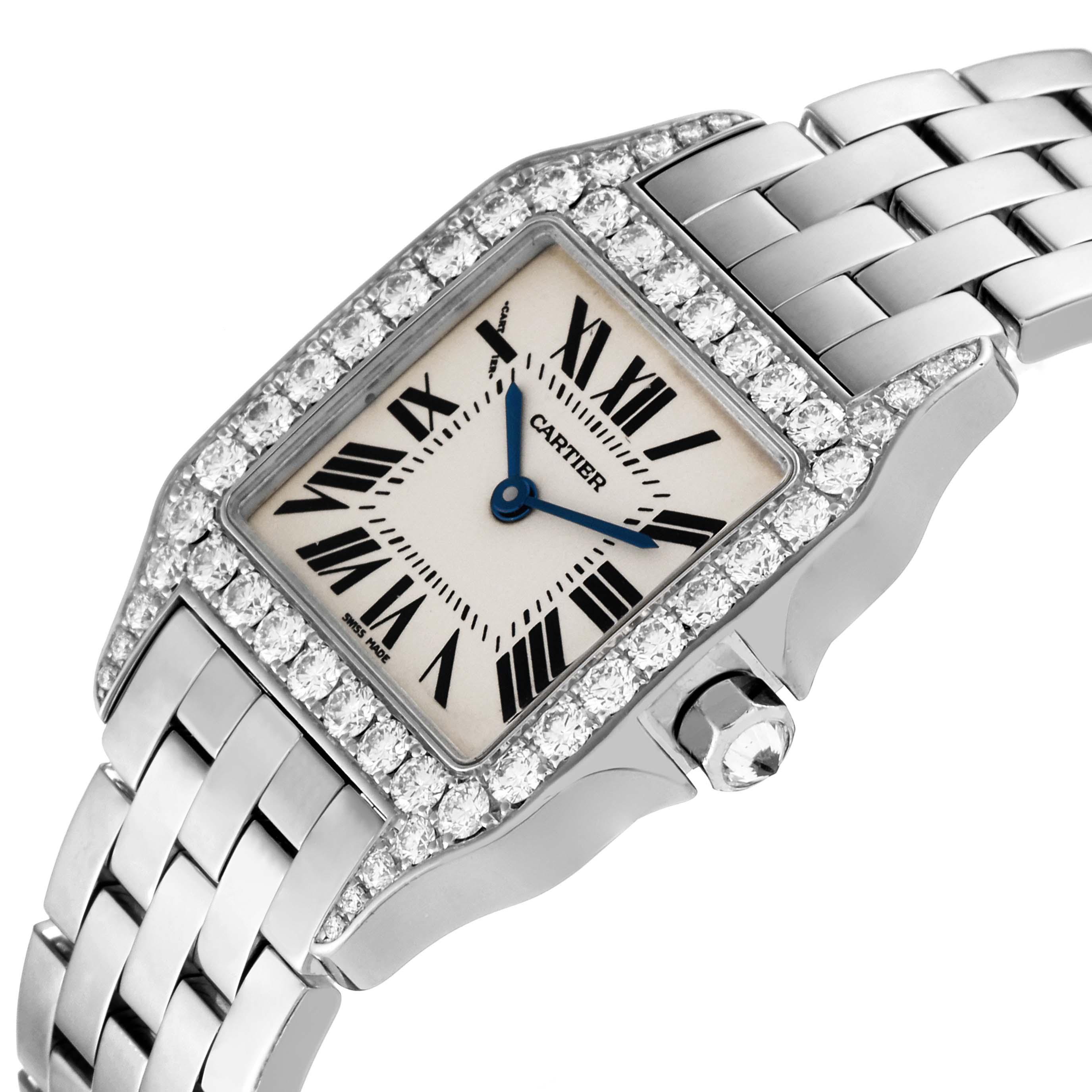 The image shows a close-up angle of the Cartier Santos Demoiselle WF9004Y8 Women
s White Gold Silver Dial WF9004Y8 Women
s White Gold Silver Dial watch, highlighting the face, bezel, and part of the bracelet.