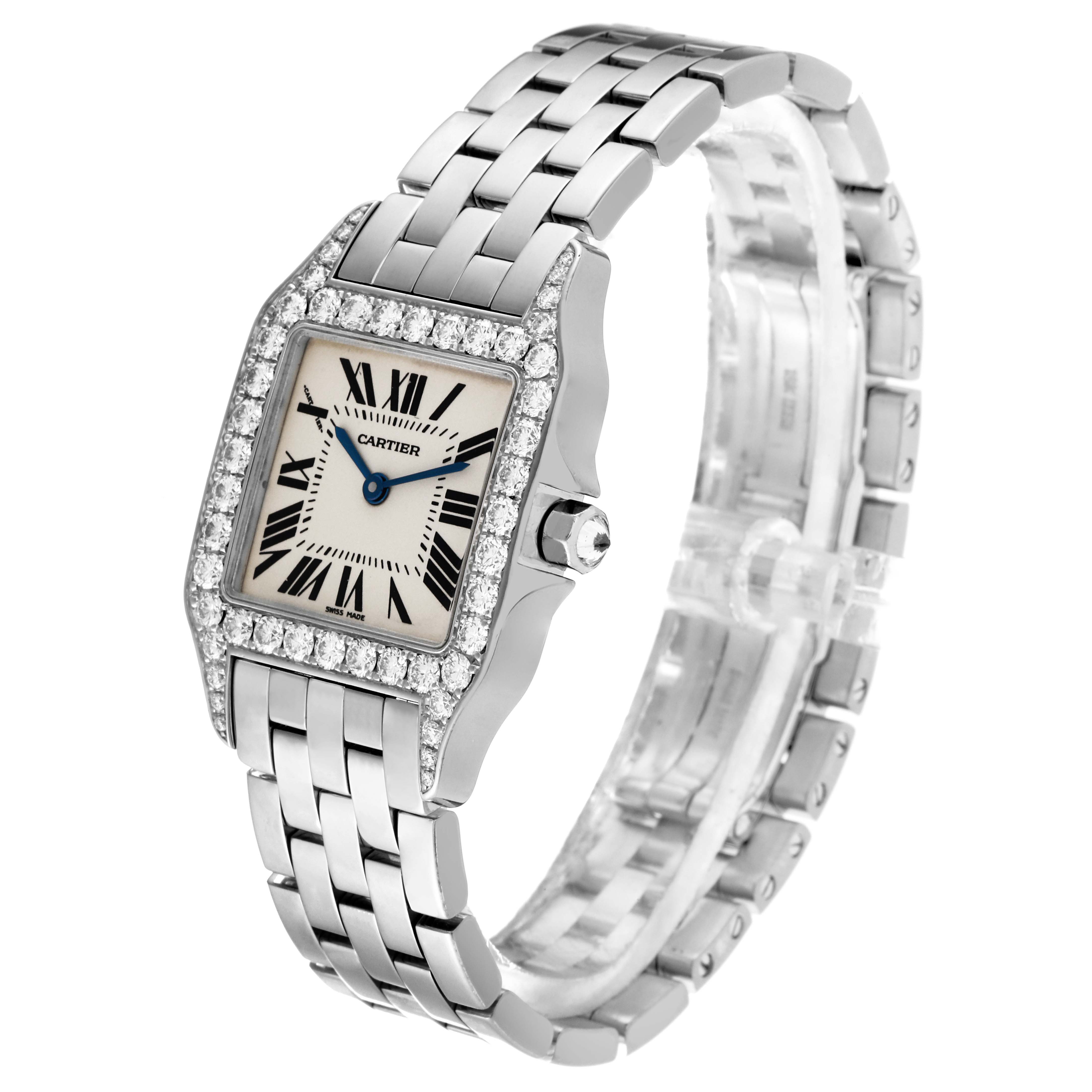 The image shows a Cartier Santos Demoiselle WF9004Y8 Women
s White Gold Silver Dial WF9004Y8 Women
s White Gold Silver Dial model watch from an angled side view, highlighting the face, bezel, and metal bracelet.