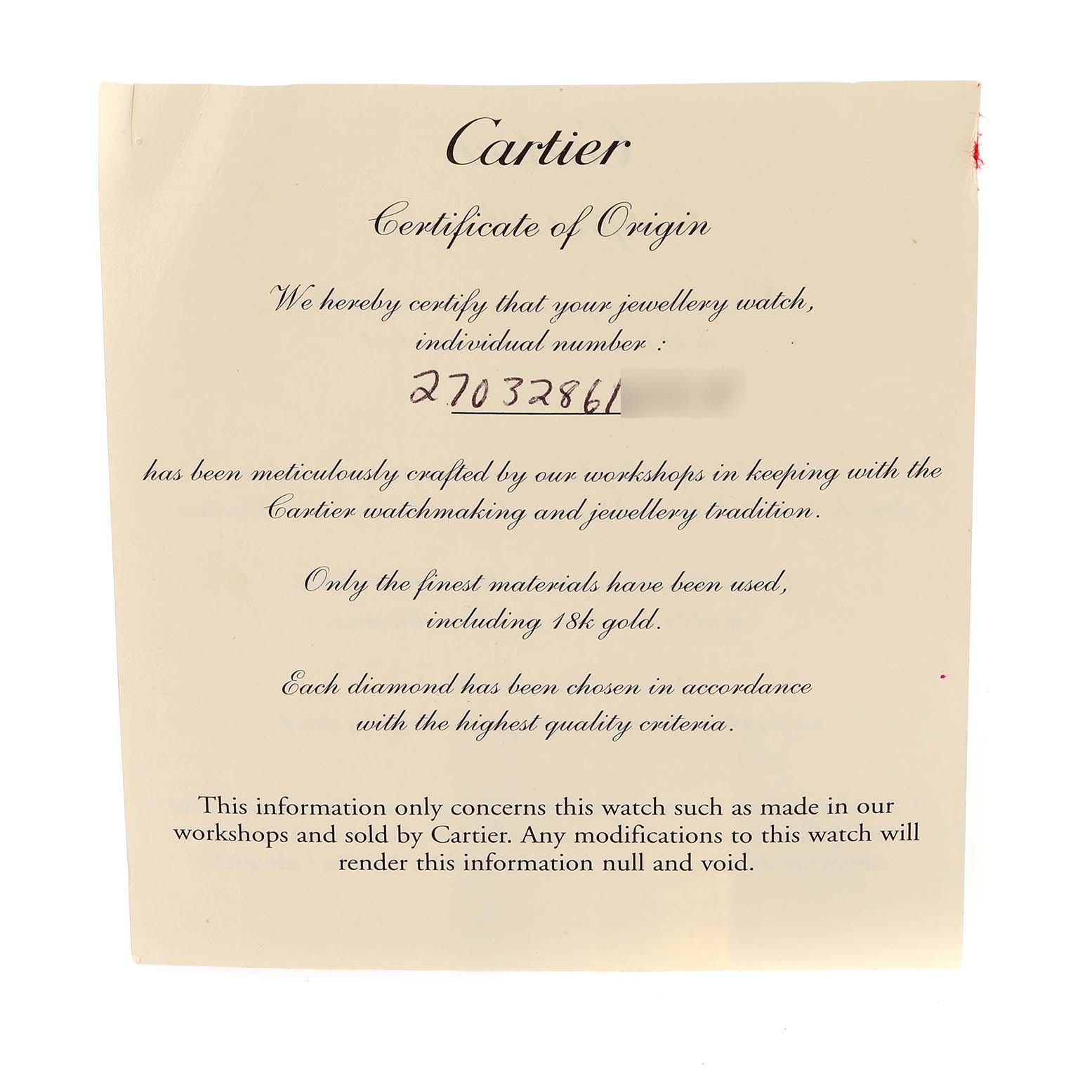 The image shows the Certificate of Origin for the Cartier Santos Demoiselle WF9004Y8 Women
s White Gold Silver Dial WF9004Y8 Women
s White Gold Silver Dial model watch.