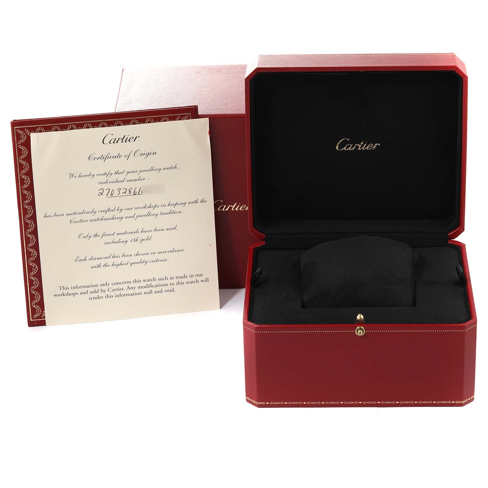 The image displays the open red Cartier box and certificate for the Cartier Santos Demoiselle WF9004Y8 Women
s White Gold Silver Dial WF9004Y8 Women
s White Gold Silver Dial model watch.