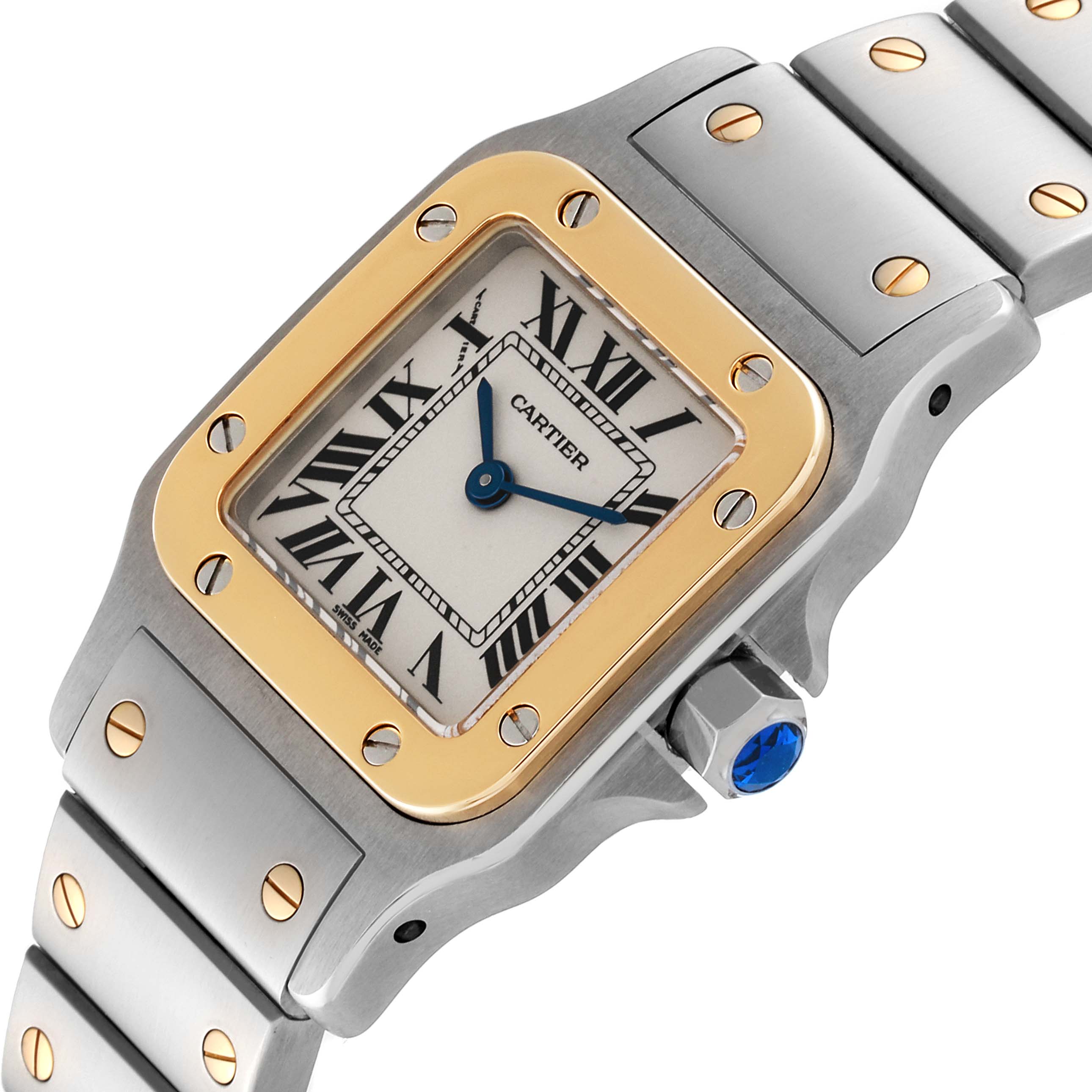 This image shows a close-up angle of the Cartier Santos W20012C4 Women's Steel and Gold (two tone) Silver Dial W20012C4 Women's Steel and Gold (two tone) Silver Dial watch, highlighting the face, bezel, and partial bracelet.