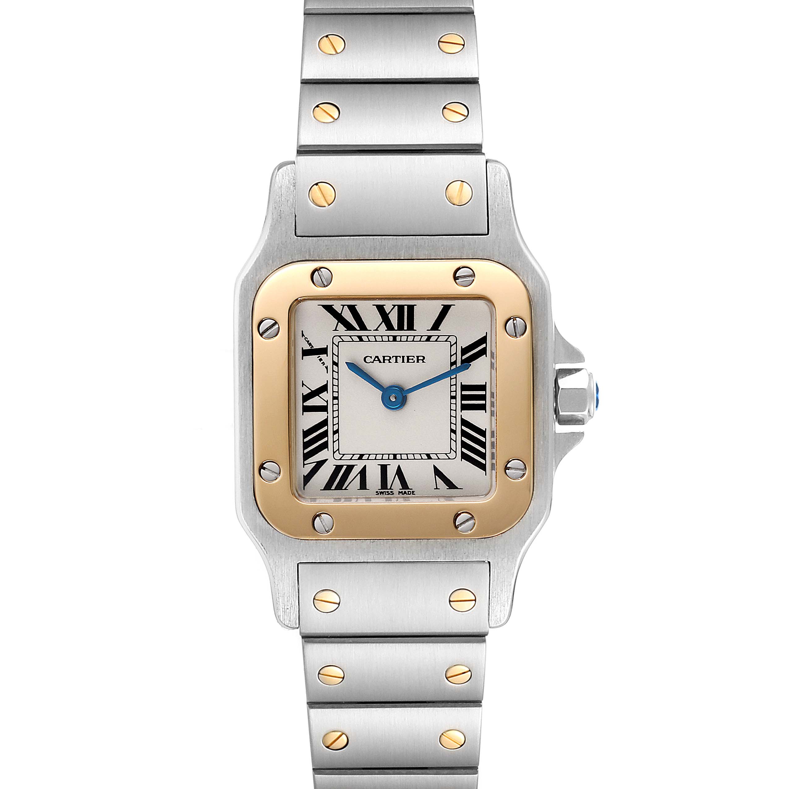 The image shows a front view of the Cartier Santos W20012C4 Women's Steel and Gold (two tone) Silver Dial W20012C4 Women's Steel and Gold (two tone) Silver Dial watch, highlighting its face, bezel, and bracelet.