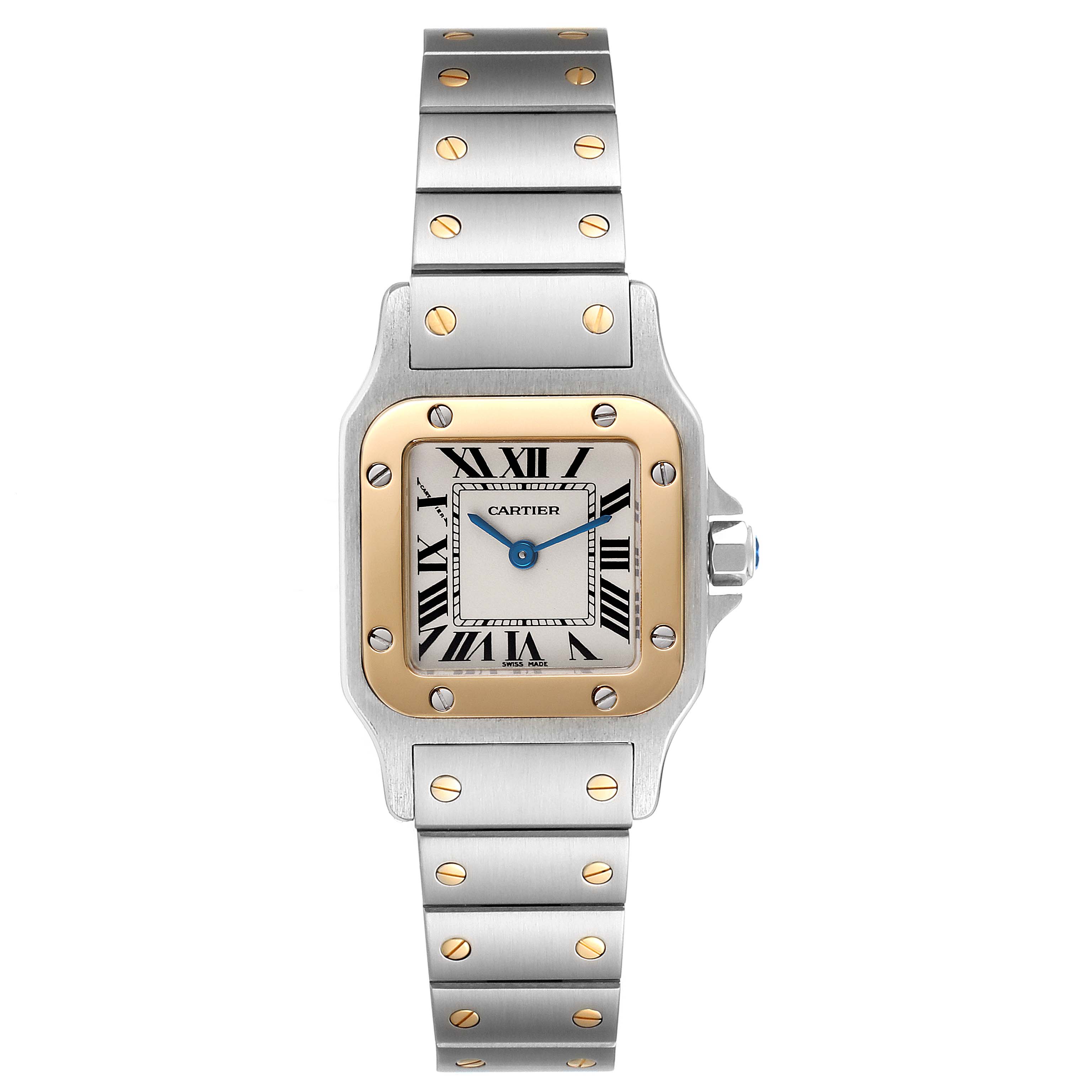 The image shows a frontal view of a Cartier Santos W20012C4 Women's Steel and Gold (two tone) Silver Dial W20012C4 Women's Steel and Gold (two tone) Silver Dial watch, highlighting its bezel, bracelet, and dial.