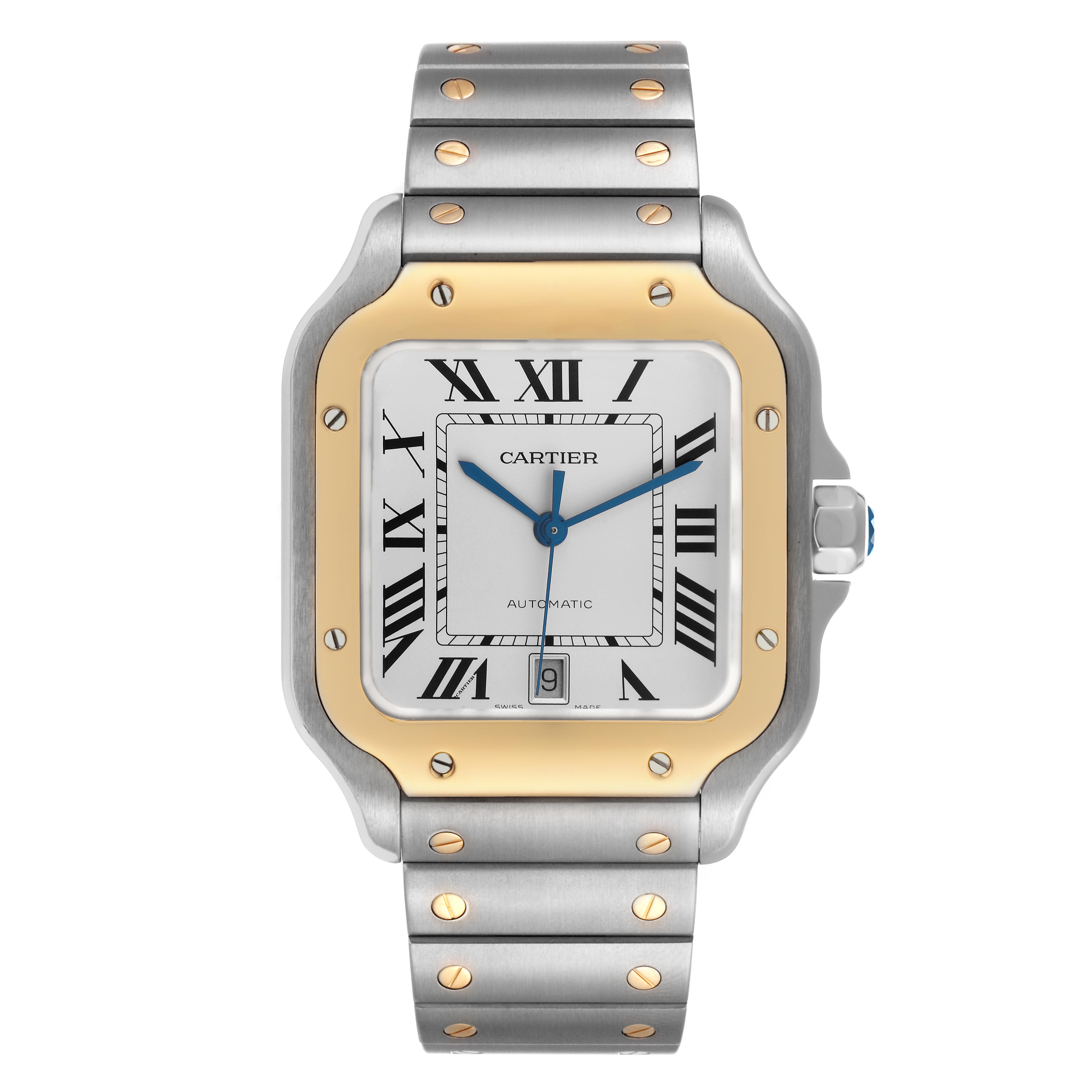 The Cartier Santos W2SA0009 Men's Steel and Gold (two tone) Silver Dial W2SA0009 Men's Steel and Gold (two tone) Silver Dial watch is shown from a front angle, highlighting the dial, bezel, crown, and bracelet.