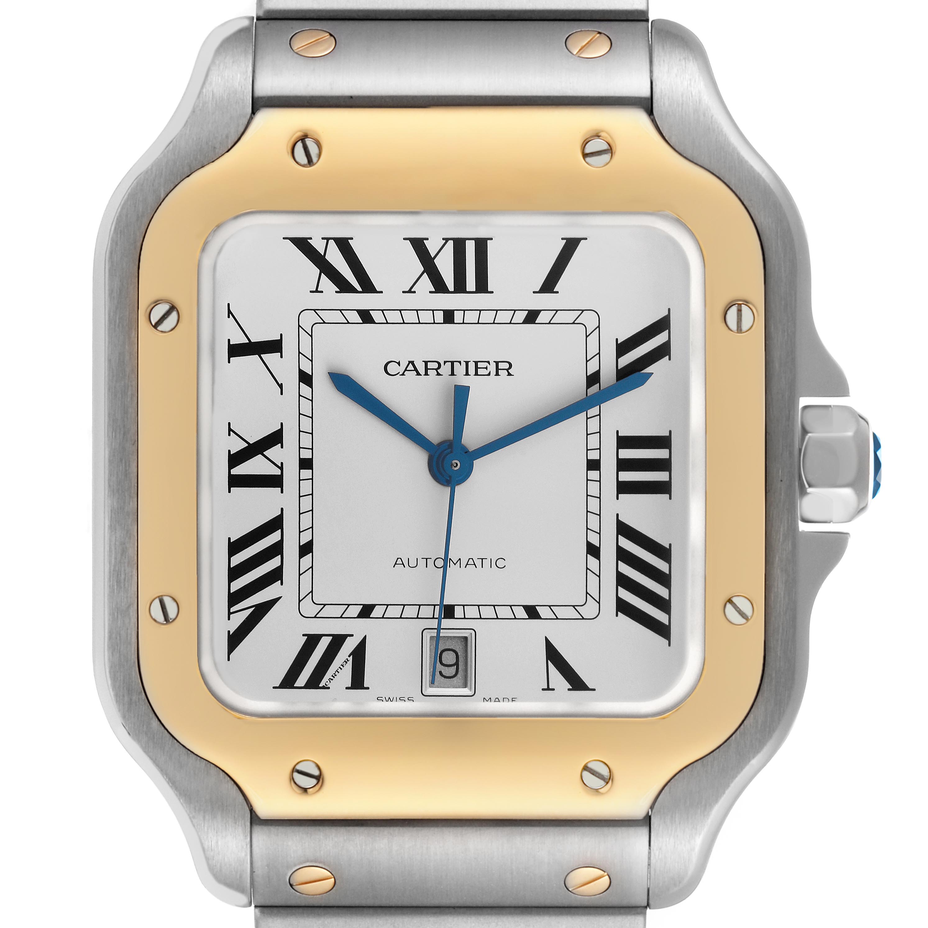 The image shows a front view of a Cartier Santos W2SA0009 Men's Steel and Gold (two tone) Silver Dial W2SA0009 Men's Steel and Gold (two tone) Silver Dial watch, highlighting its face, bezel, and part of the bracelet.