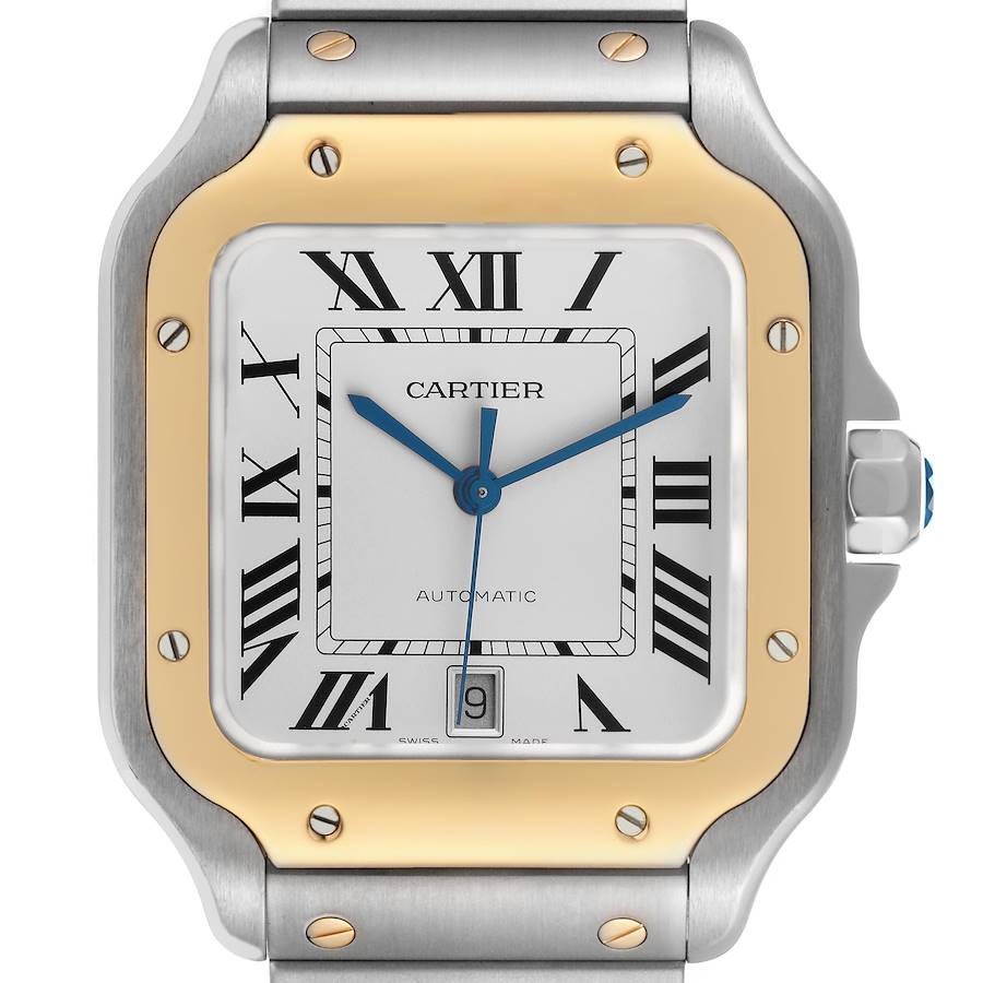 The image shows a front view of a Cartier Santos watch, highlighting its face, bezel, and part of the bracelet.