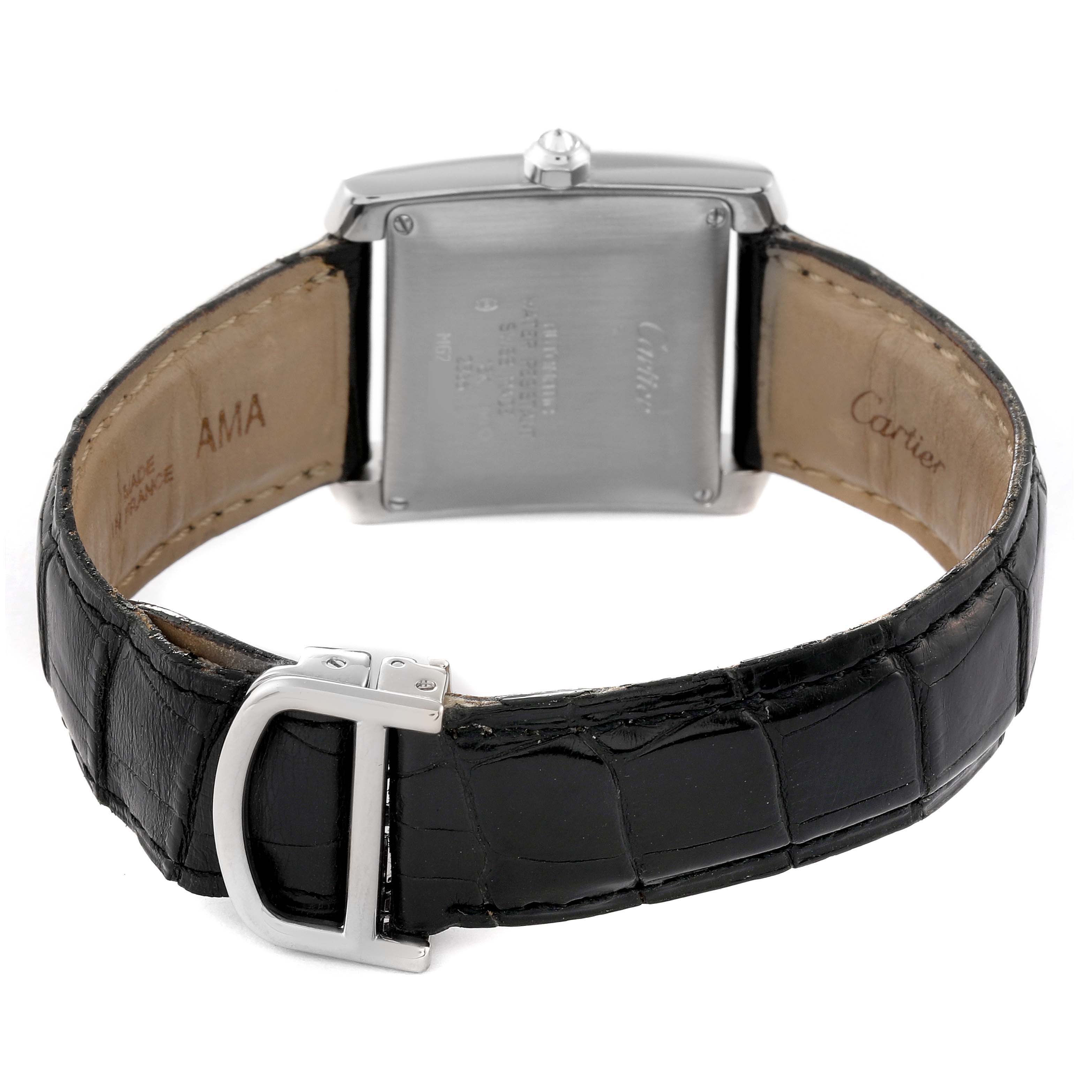 This image shows the back view of the Cartier Tank Francaise 2366 Men's White Gold Silver Dial 2366 Men's White Gold Silver Dial watch, featuring its leather strap and clasp.