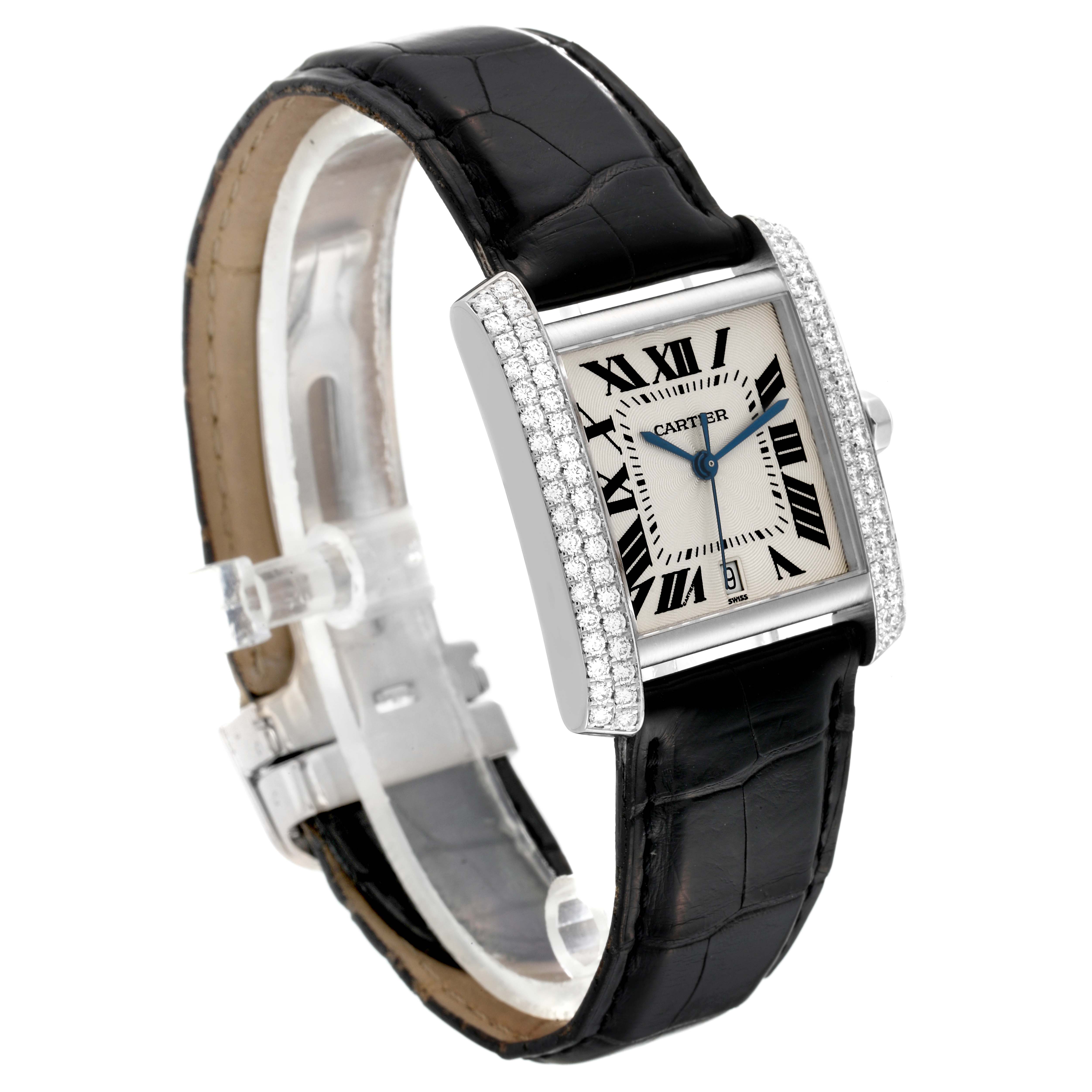 This image shows a Cartier Tank Française watch angled slightly to the left, highlighting the face, bezel, and black leather strap.