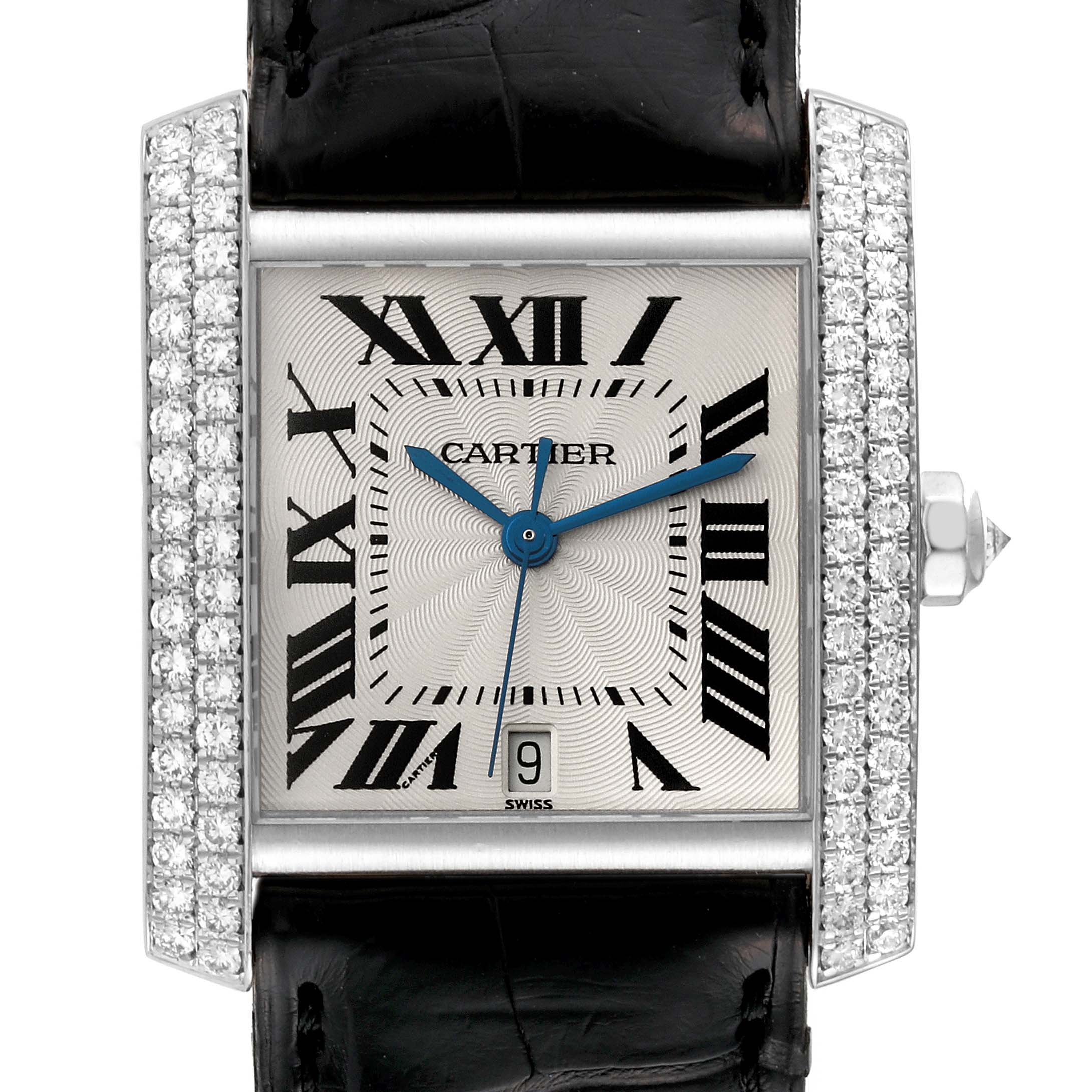 The Cartier Tank Francaise 2366 Men's White Gold Silver Dial 2366 Men's White Gold Silver Dial watch is shown from the front, featuring a diamond-encrusted bezel, blue hands, Roman numeral markers, and black leather strap.