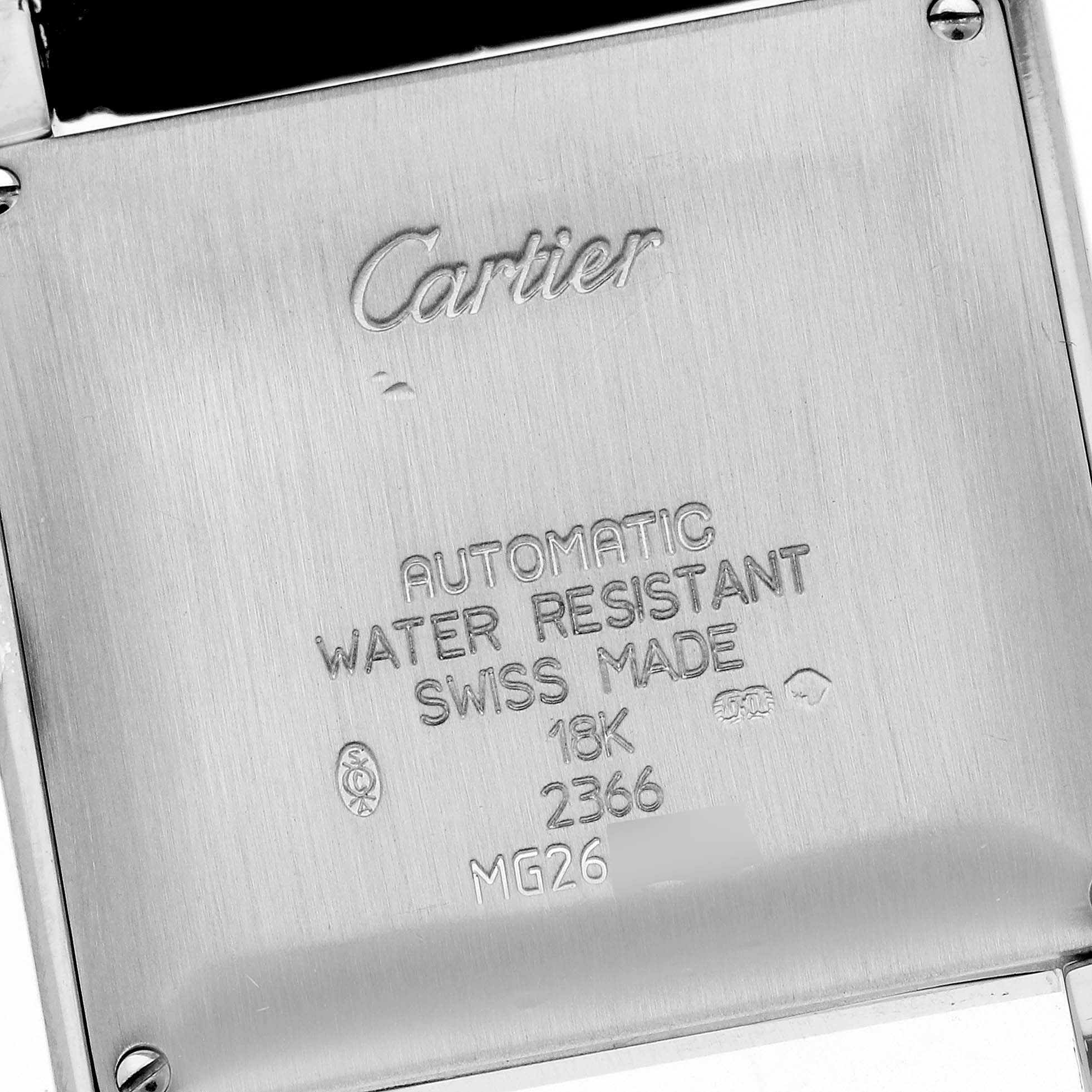 This image shows the back case of the Tank Francaise model by Cartier, displaying branding and specifications.