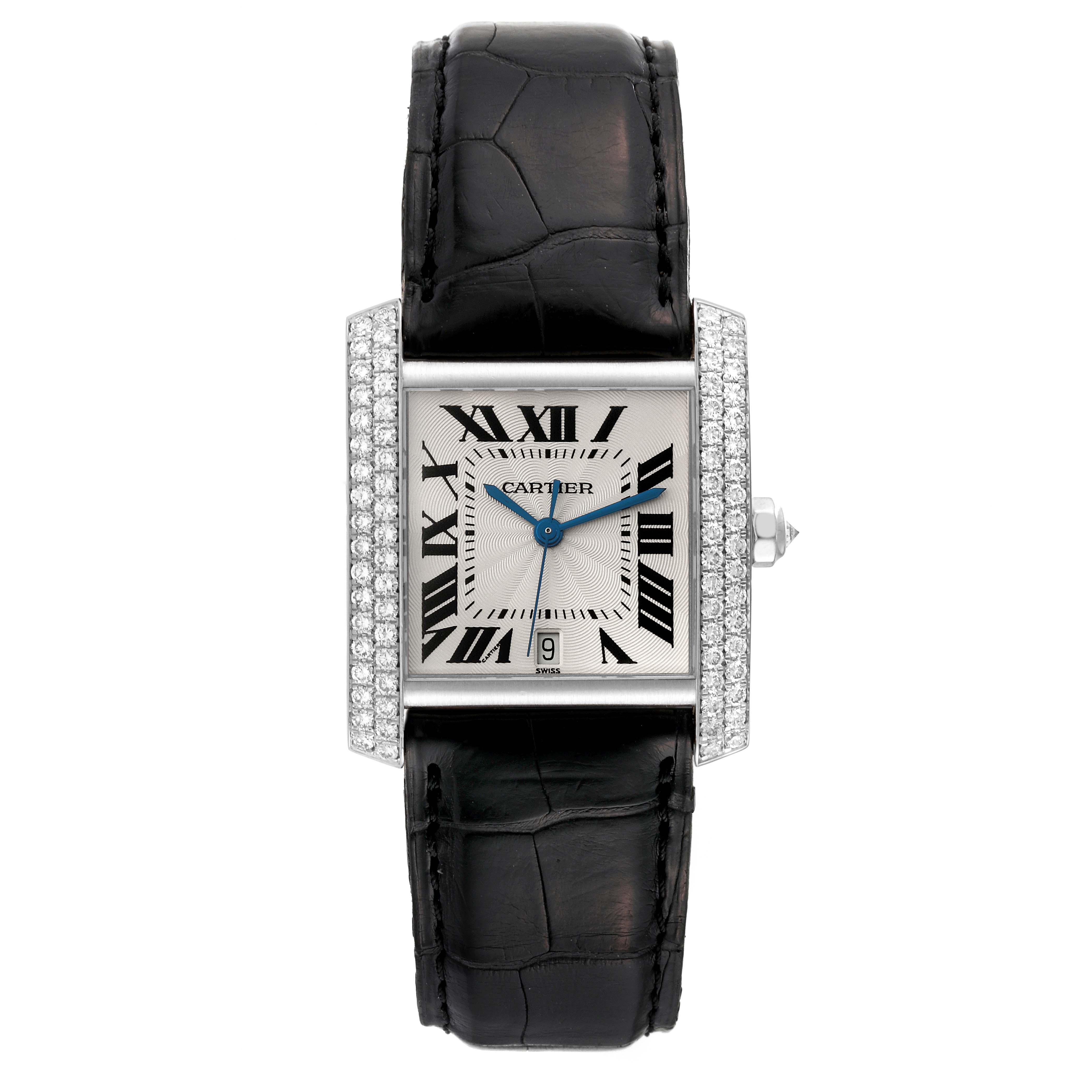 This Cartier Tank Francaise 2366 Men's White Gold Silver Dial 2366 Men's White Gold Silver Dial watch is shown from a top-down angle, displaying the face, leather strap, and diamond-encrusted bezel.