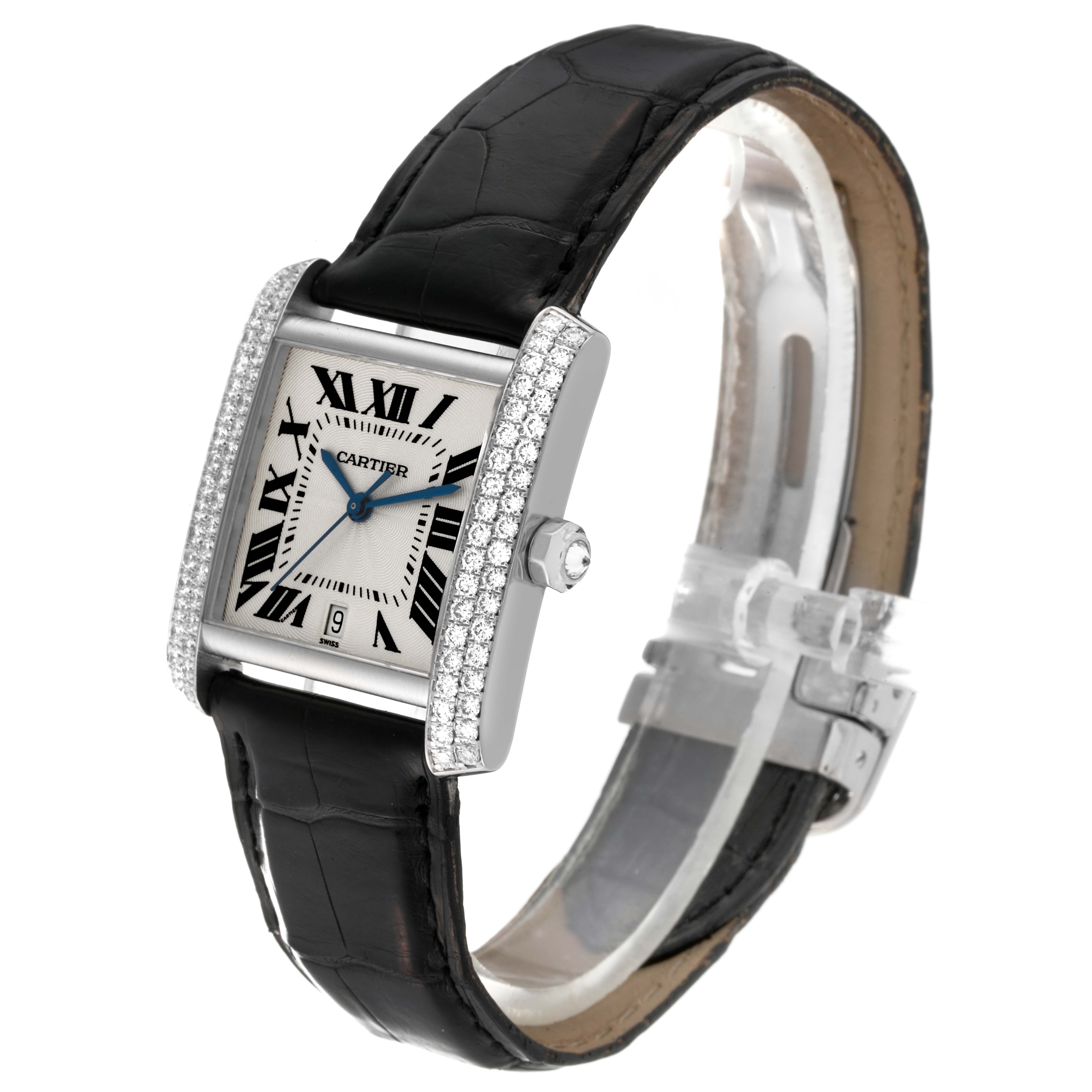 The Cartier Tank Francaise 2366 Men's White Gold Silver Dial 2366 Men's White Gold Silver Dial is shown at an angle, highlighting the dial, strap, crown, and diamond-set bezel.