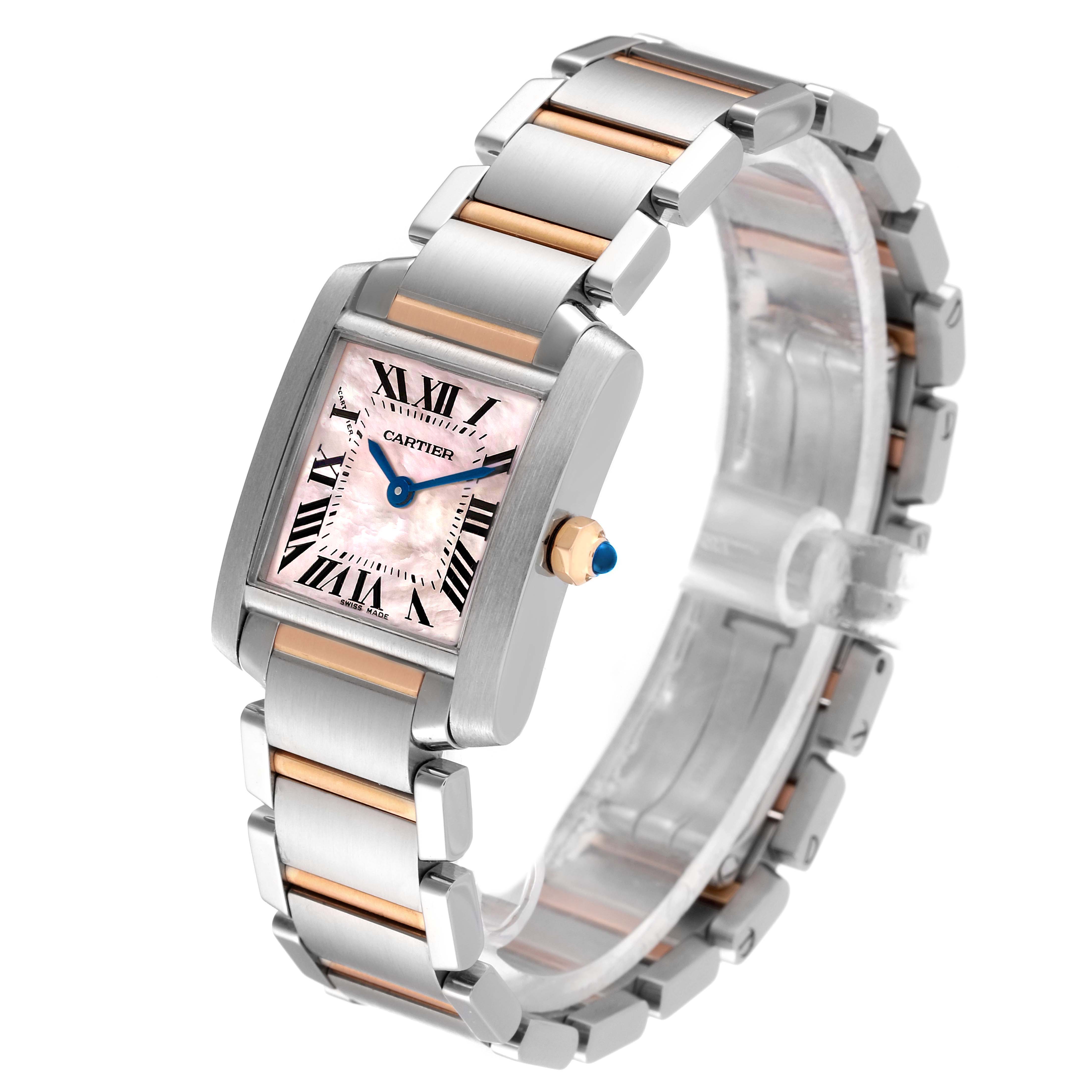 The image shows the Cartier Tank Française watch at a three-quarter angle, highlighting its face, bracelet, and crown.