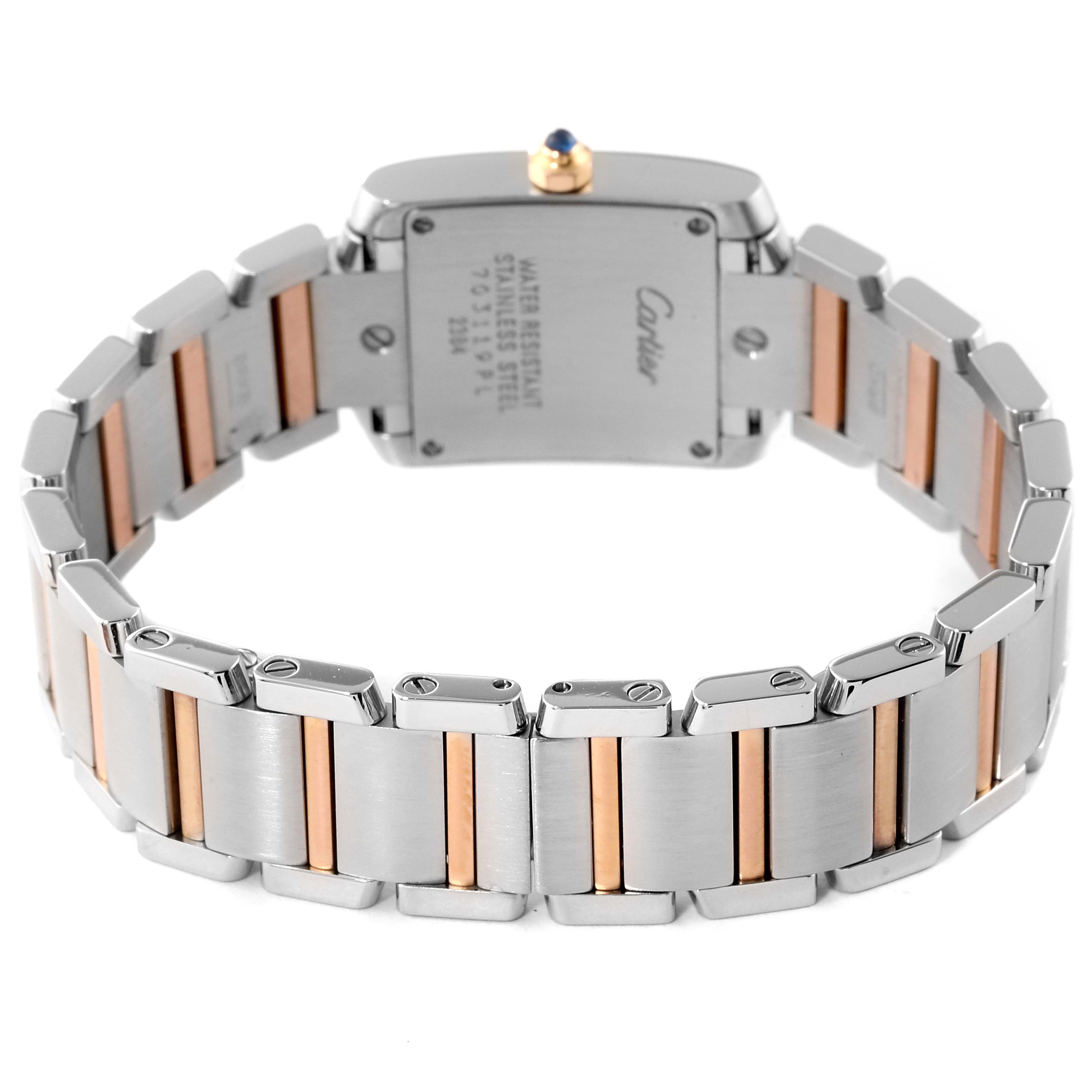 The image shows the back and side angle of a Cartier Tank Francaise W51027Q4 Women's Steel and Gold (two tone) Mother of Pearl Dial W51027Q4 Women's Steel and Gold (two tone) Mother of Pearl Dial watch, highlighting its two-tone metal bracelet and case back.