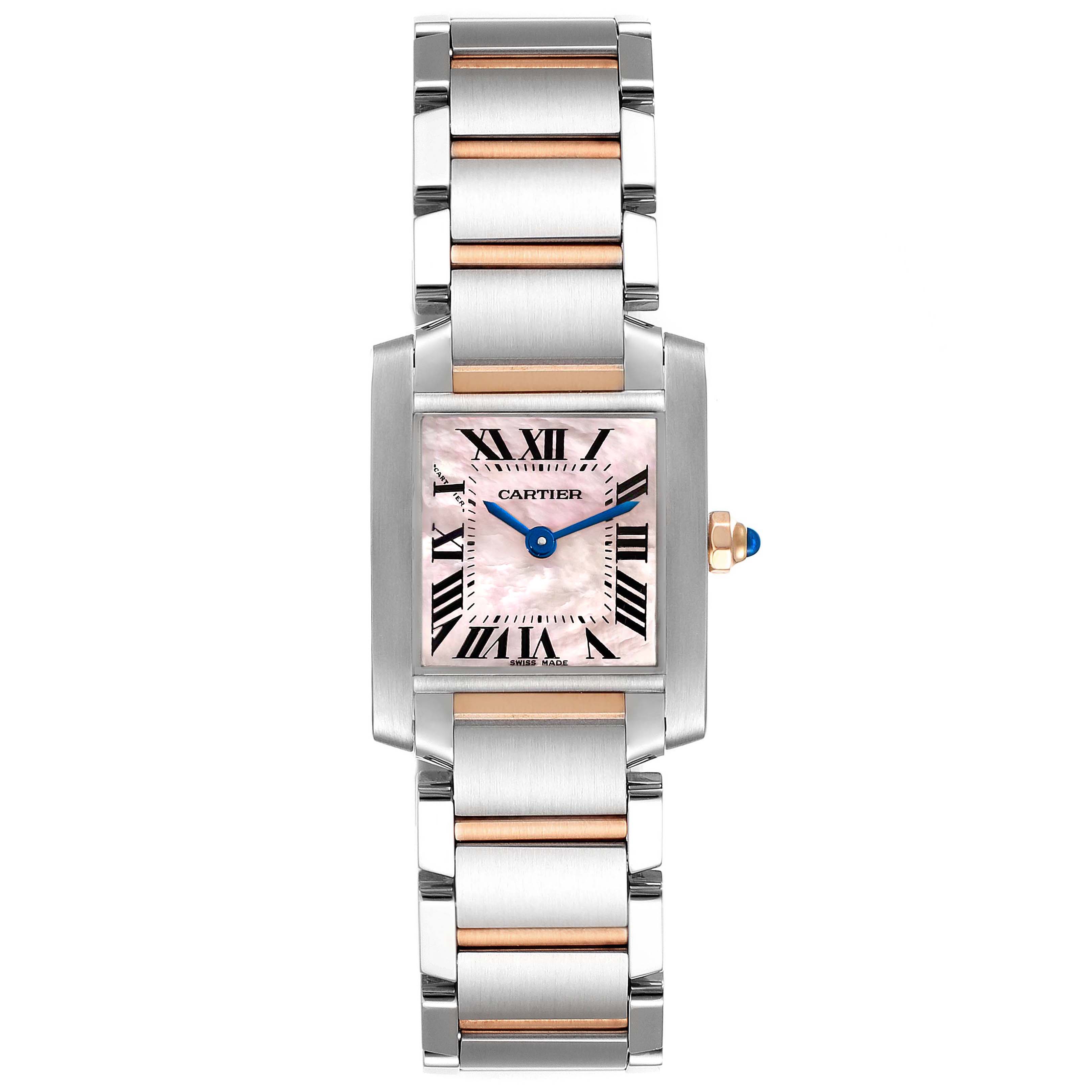 The Cartier Tank Francaise W51027Q4 Women's Steel and Gold (two tone) Mother of Pearl Dial W51027Q4 Women's Steel and Gold (two tone) Mother of Pearl Dial watch is shown from a top-down angle, displaying its face and bracelet.