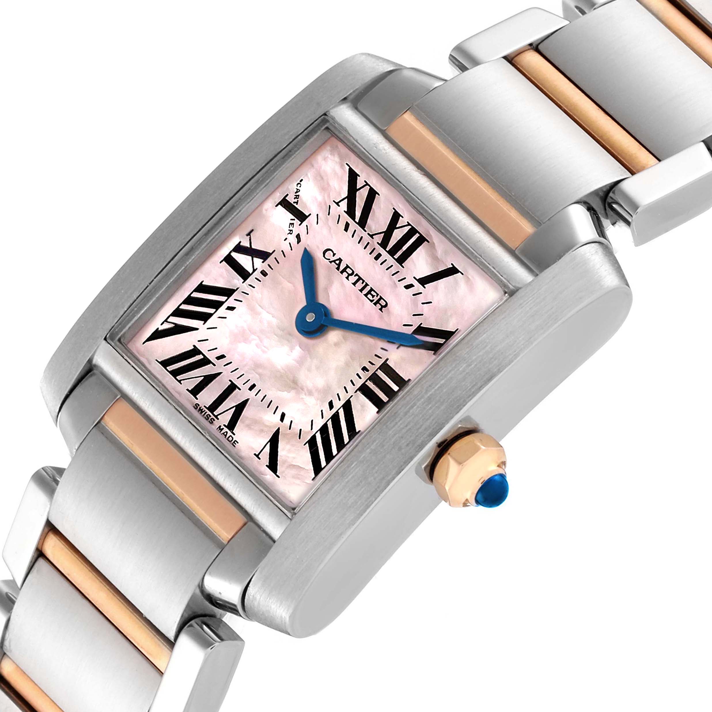 The Tank Française model by Cartier is shown at an angle, highlighting its rectangular face, blue hands, crown, and two-tone metal bracelet.