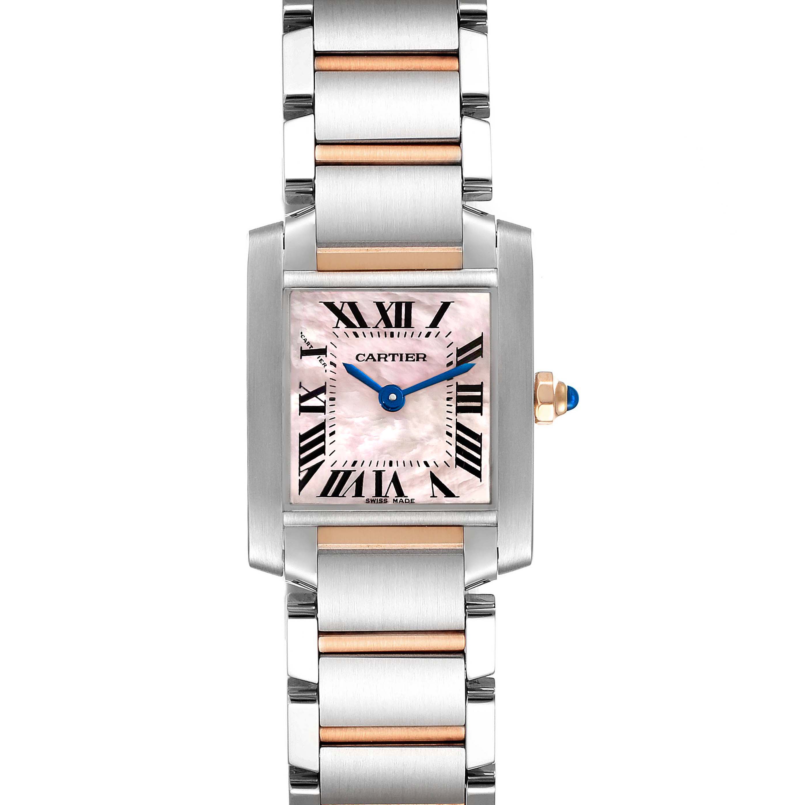 The image shows a front view of the Cartier Tank Francaise W51027Q4 Women's Steel and Gold (two tone) Mother of Pearl Dial W51027Q4 Women's Steel and Gold (two tone) Mother of Pearl Dial watch, displaying the dial, case, and bracelet.