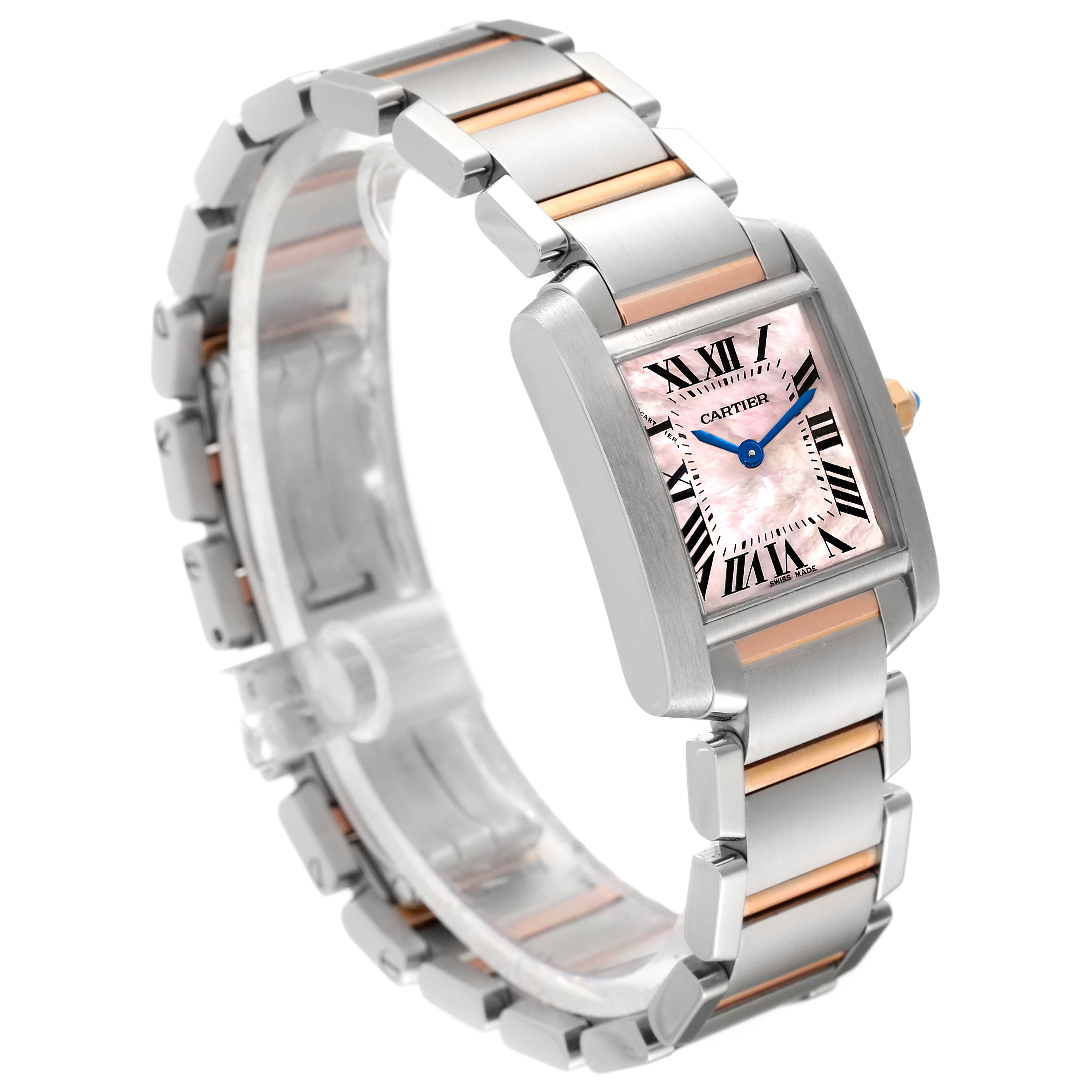 The Cartier Tank Francaise W51027Q4 Women's Steel and Gold (two tone) Mother of Pearl Dial W51027Q4 Women's Steel and Gold (two tone) Mother of Pearl Dial watch is shown at an angle displaying the face, bezel, and bracelet.