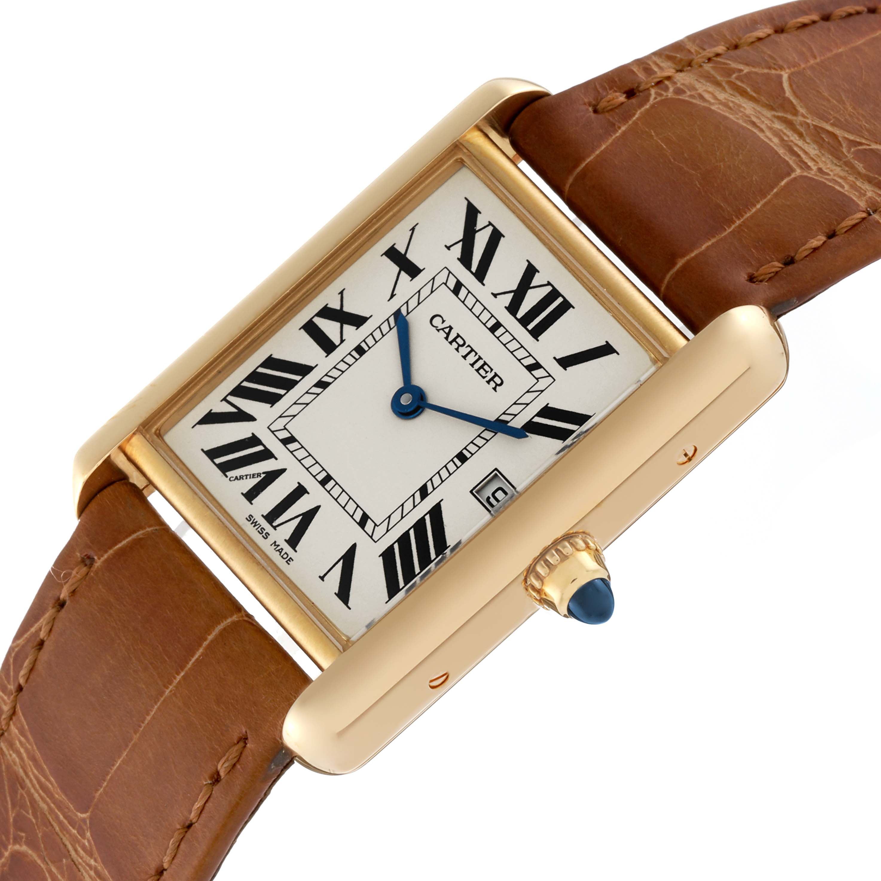 The image shows a close-up of the Cartier Tank Louis W1529756 Men's Yellow Gold Silver Dial W1529756 Men's Yellow Gold Silver Dial watch face, crown, and leather strap from a diagonal angle.