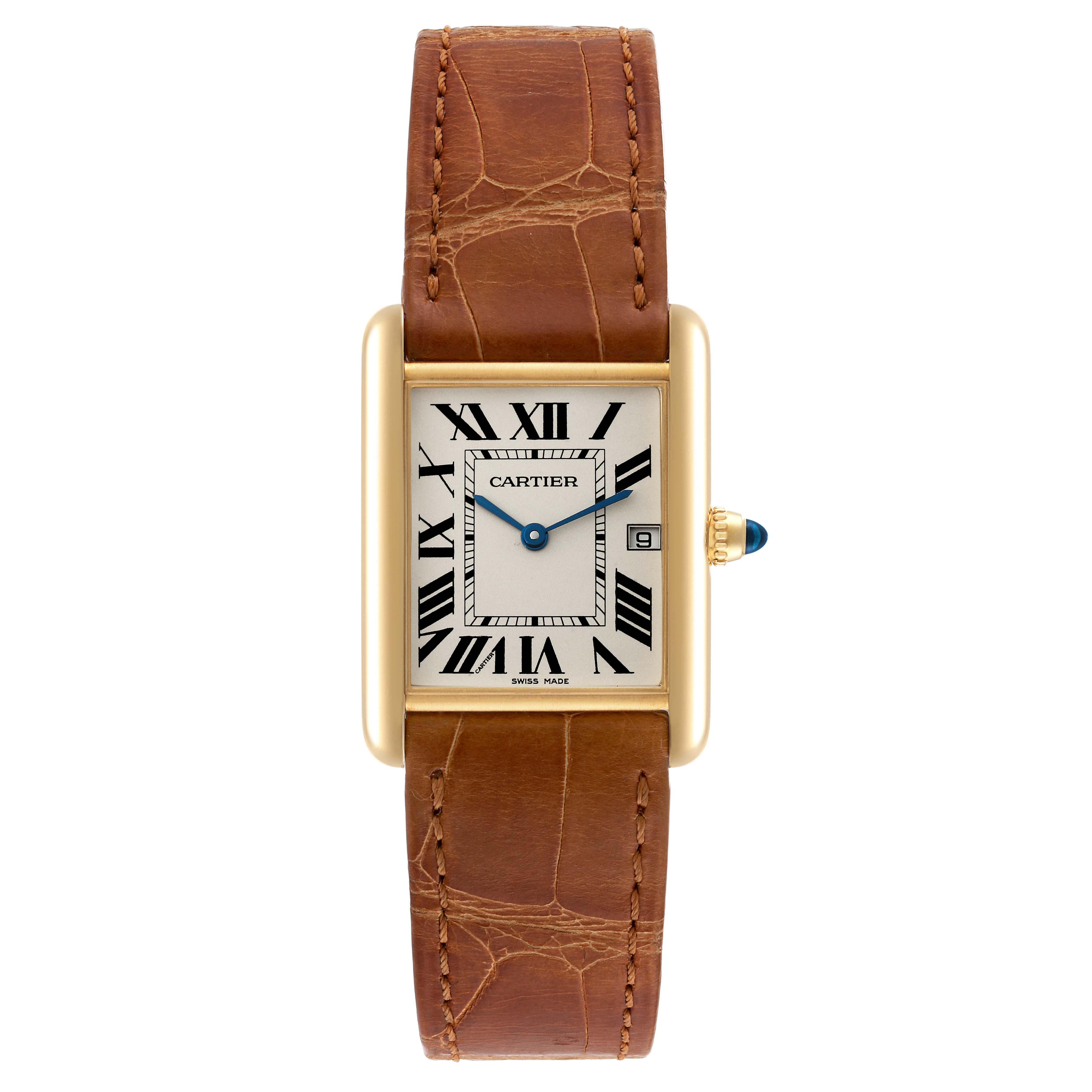 This is a front view of the Cartier Tank Louis W1529756 Men's Yellow Gold Silver Dial W1529756 Men's Yellow Gold Silver Dial watch showing the face, Roman numeral dial, gold casing, and brown leather strap.