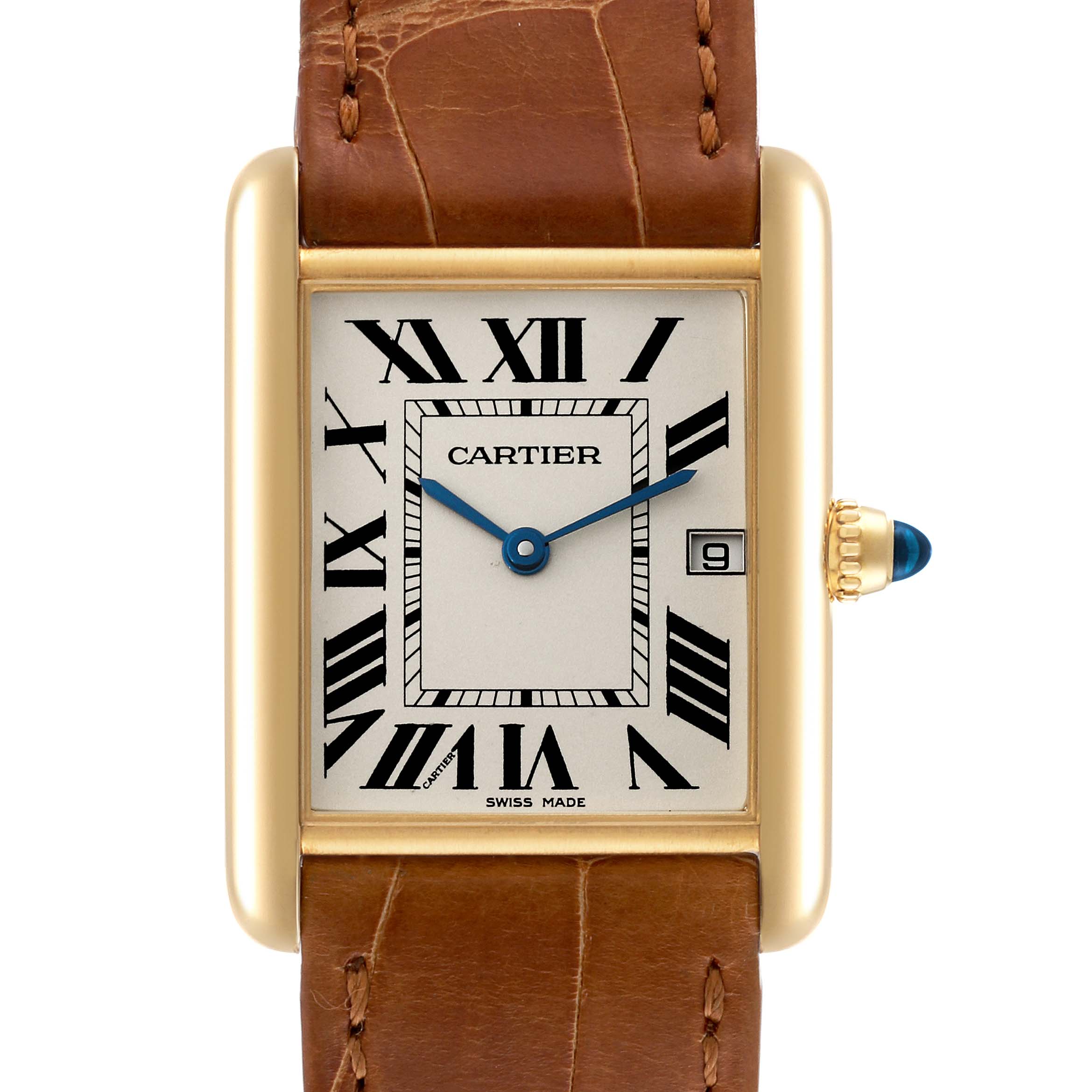 The Cartier Tank Louis W1529756 Men's Yellow Gold Silver Dial W1529756 Men's Yellow Gold Silver Dial watch is shown from a front view, displaying the face, leather strap, crown, and Roman numeral markers.