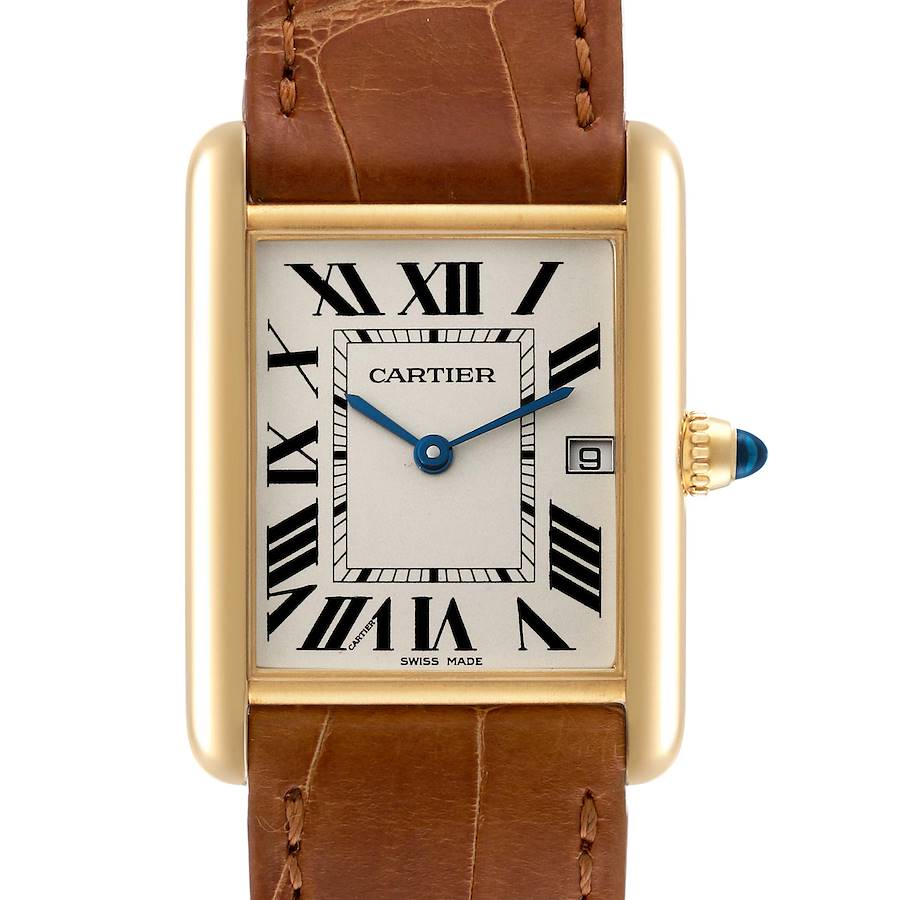 The Cartier Tank Louis watch is shown from a front view, displaying the face, leather strap, crown, and Roman numeral markers.