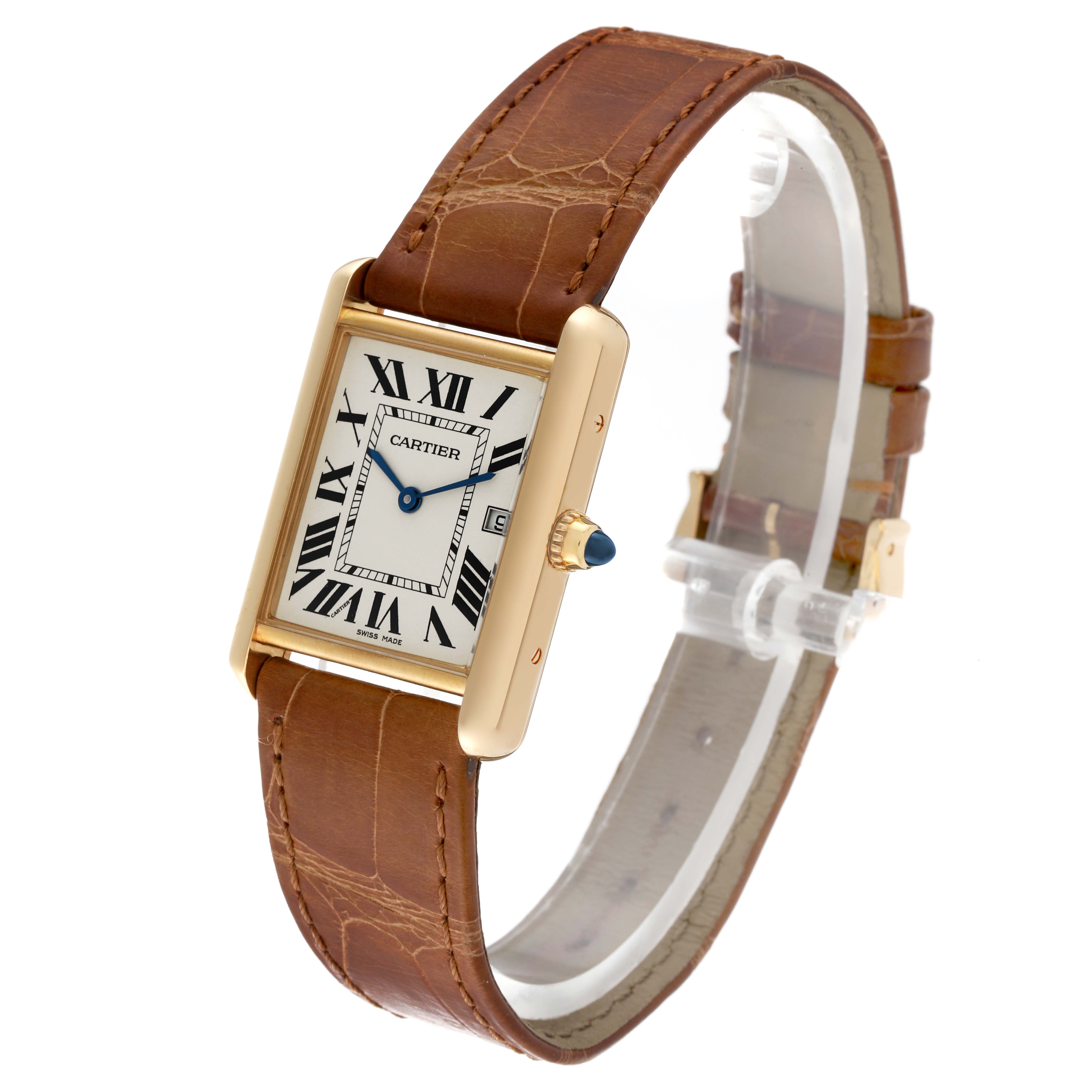 This image shows a Cartier Tank Louis W1529756 Men's Yellow Gold Silver Dial W1529756 Men's Yellow Gold Silver Dial watch at a slight angle, highlighting the face, leather strap, and crown.