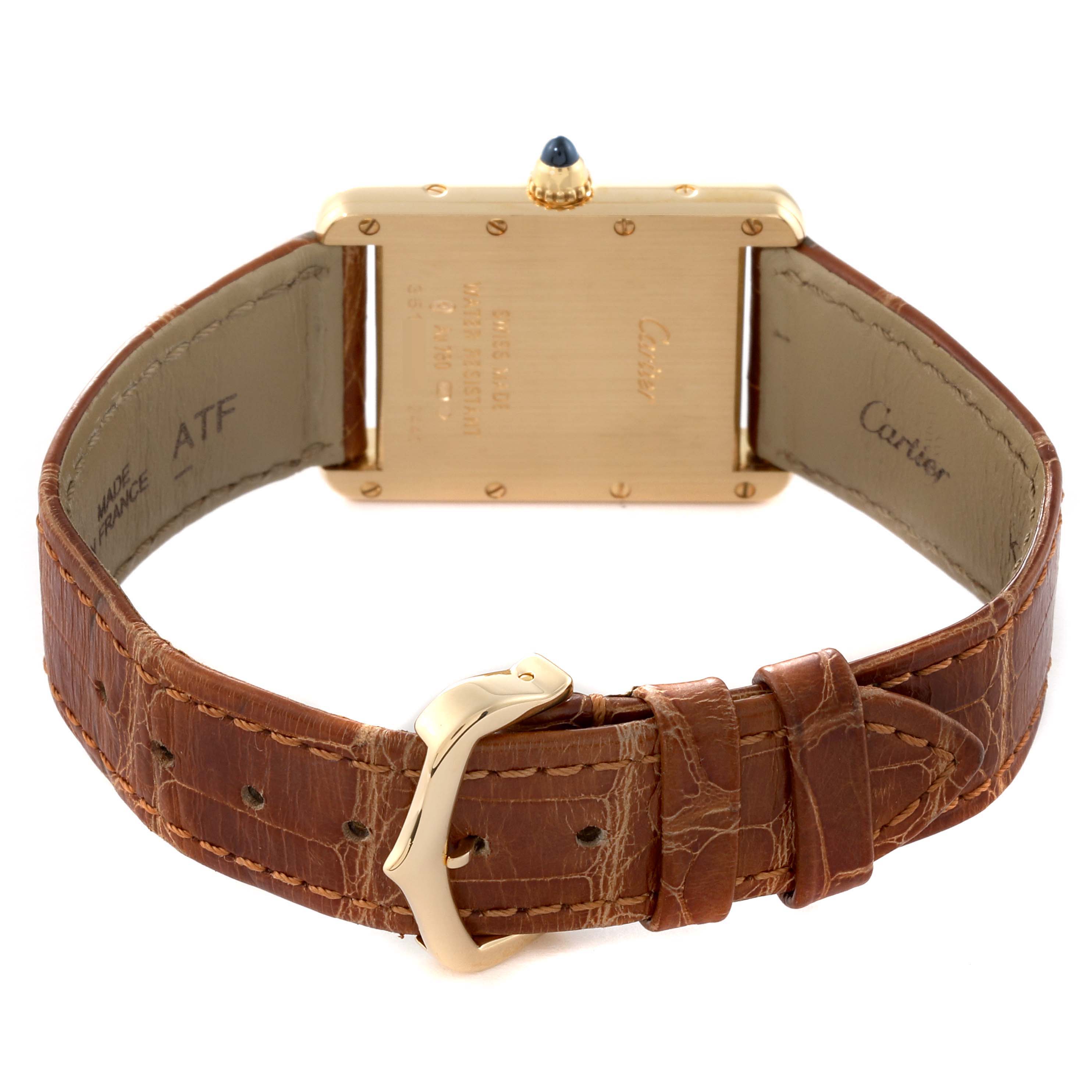 The image shows the Cartier Tank Louis W1529756 Men's Yellow Gold Silver Dial W1529756 Men's Yellow Gold Silver Dial watch from a rear angle, highlighting the case back, crown, leather strap, and buckle.