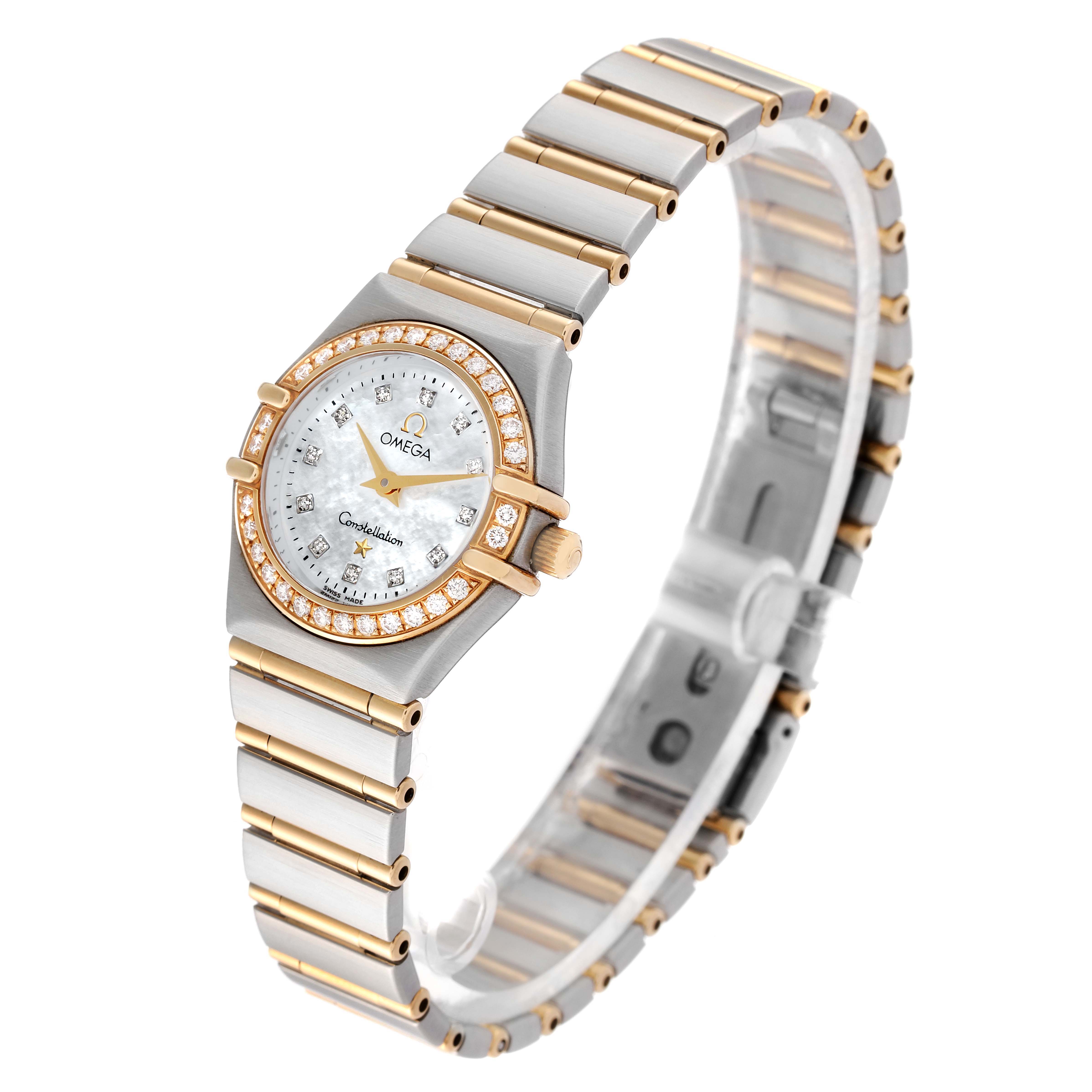 The image displays an Omega 1267.75.00 Women's Steel and Gold (two tone) Mother of Pearl Dial 1267.75.00 Women's Steel and Gold (two tone) Mother of Pearl Dial Constellation 95 Mother of Pearl Diamond Ladies Watch 1267.75.00 at a slight angle, showing the face, bezel, and bracelet.