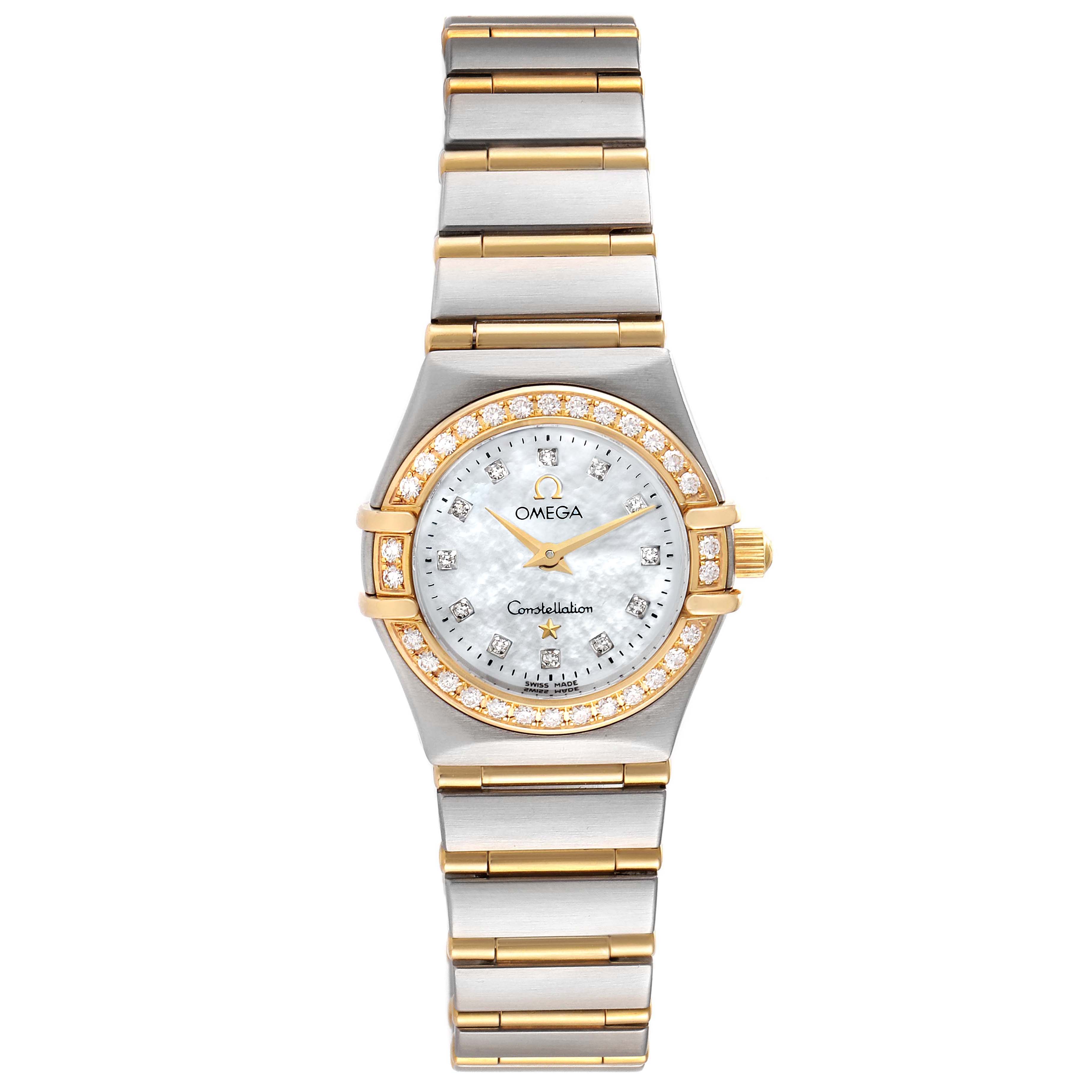This image shows a frontal view of the Omega 1267.75.00 Women's Steel and Gold (two tone) Mother of Pearl Dial 1267.75.00 Women's Steel and Gold (two tone) Mother of Pearl Dial Constellation 95 Mother of Pearl Diamond Ladies Watch 1267.75.00, displaying the face and bracelet.