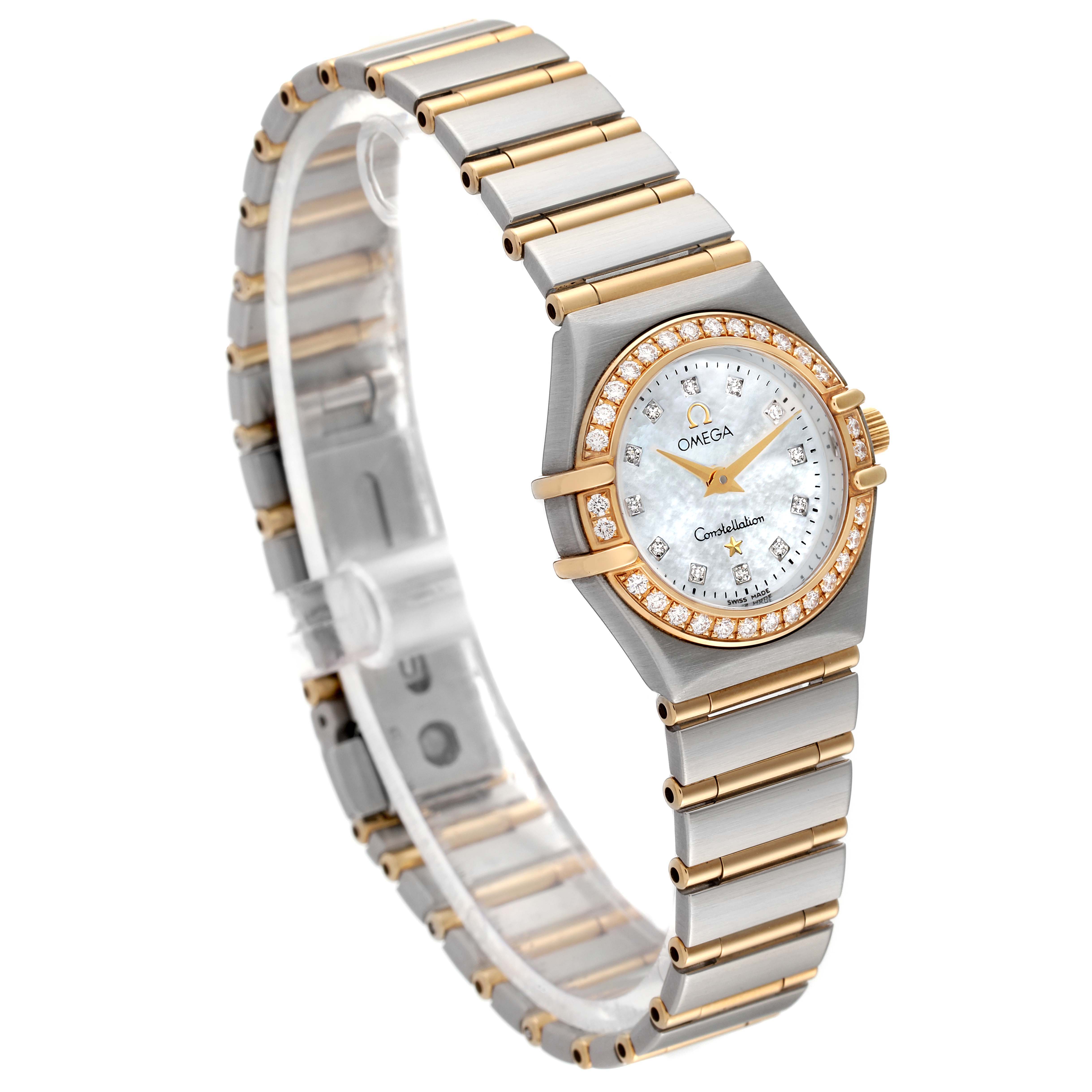 The Omega 1267.75.00 Women's Steel and Gold (two tone) Mother of Pearl Dial 1267.75.00 Women's Steel and Gold (two tone) Mother of Pearl Dial Constellation 95 Mother of Pearl Diamond Ladies Watch model 1267.75.00 is shown from a three-quarter front angle, featuring the face, bezel, and bracelet.