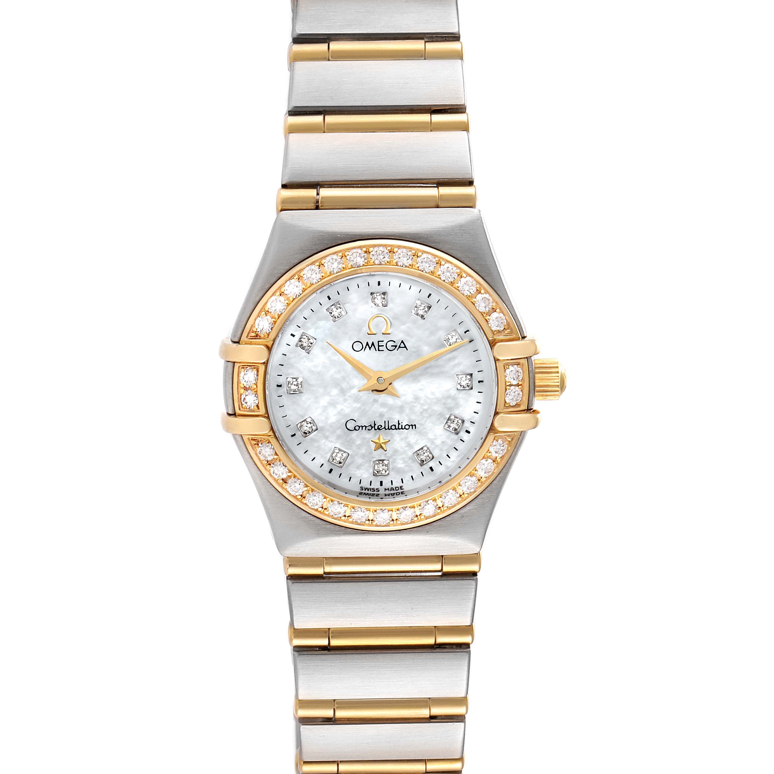 The Omega 1267.75.00 Women's Steel and Gold (two tone) Mother of Pearl Dial 1267.75.00 Women's Steel and Gold (two tone) Mother of Pearl Dial Constellation 95 Mother of Pearl Diamond Ladies Watch 1267.75.00 is shown from a top-down angle, displaying the face, bezel, and bracelet.