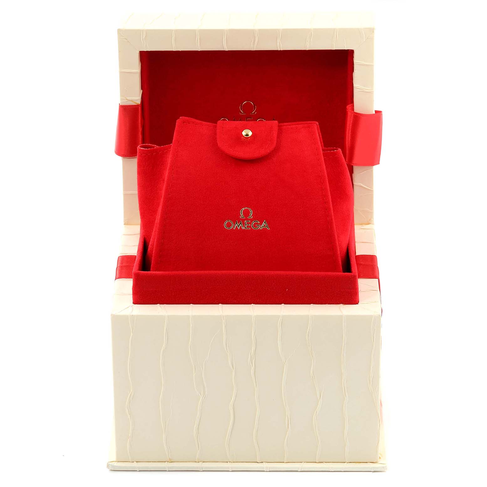 The image shows the Omega 1267.75.00 Women's Steel and Gold (two tone) Mother of Pearl Dial 1267.75.00 Women's Steel and Gold (two tone) Mother of Pearl Dial Constellation 95 Mother of Pearl Diamond Ladies Watch model 1267.75.00 inside its box with a red storage pouch.