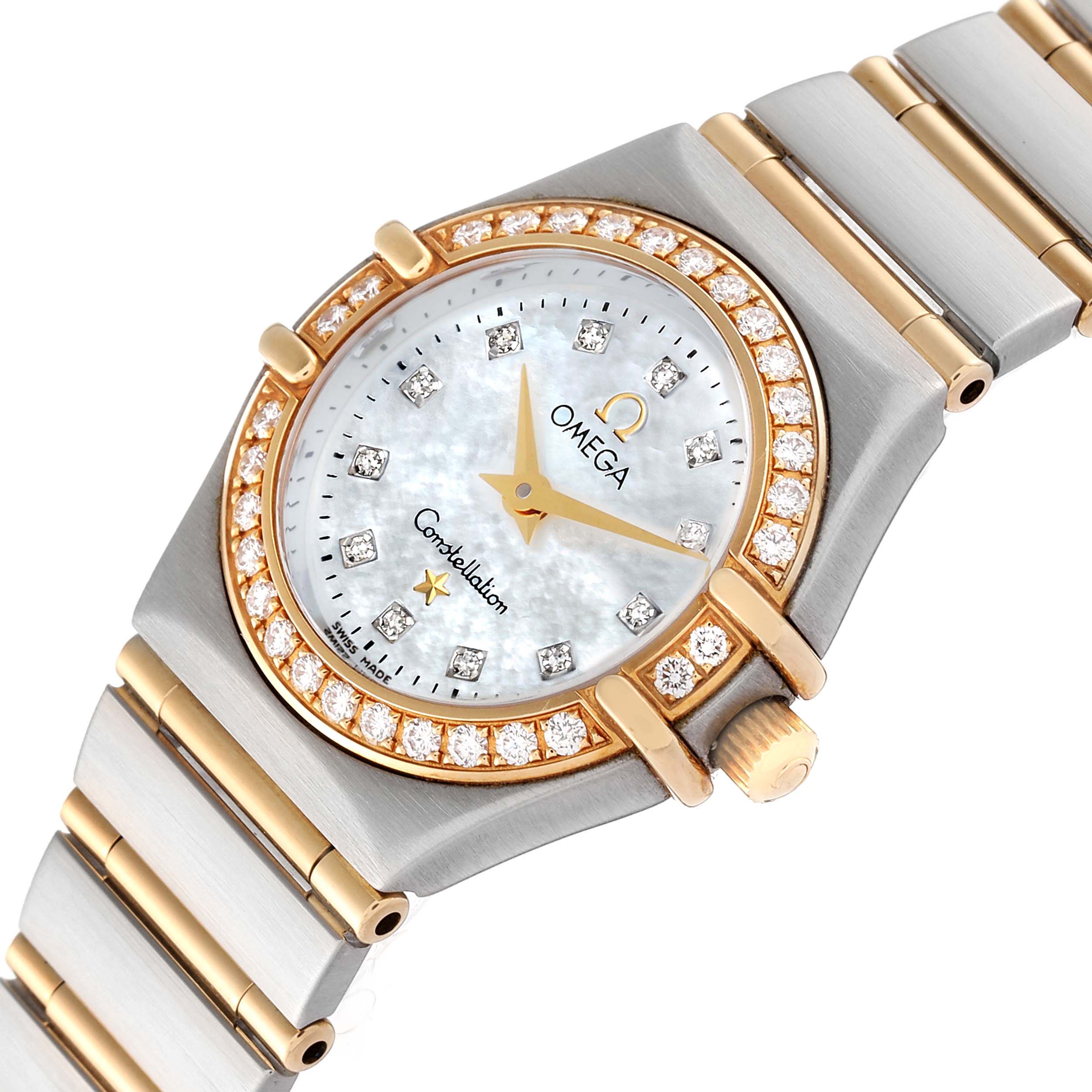 The Omega 1267.75.00 Women's Steel and Gold (two tone) Mother of Pearl Dial 1267.75.00 Women's Steel and Gold (two tone) Mother of Pearl Dial Constellation 95 1267.75.00 watch is shown at an angled top-down view, highlighting its mother-of-pearl dial and diamond bezel.