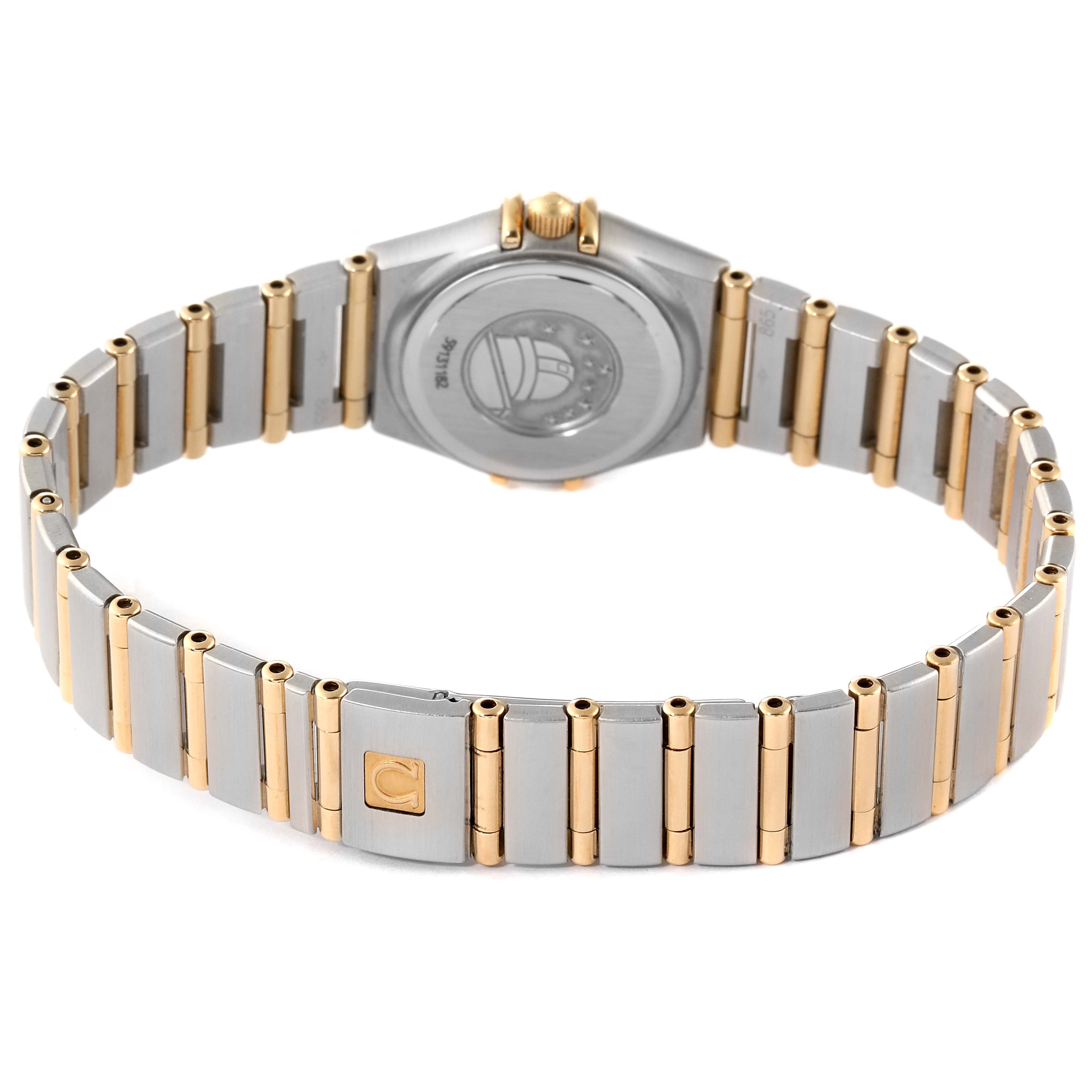 This image shows the back and bracelet of the Omega 1267.75.00 Women's Steel and Gold (two tone) Mother of Pearl Dial 1267.75.00 Women's Steel and Gold (two tone) Mother of Pearl Dial Constellation 95 Mother of Pearl Diamond Ladies Watch 1267.75.00.