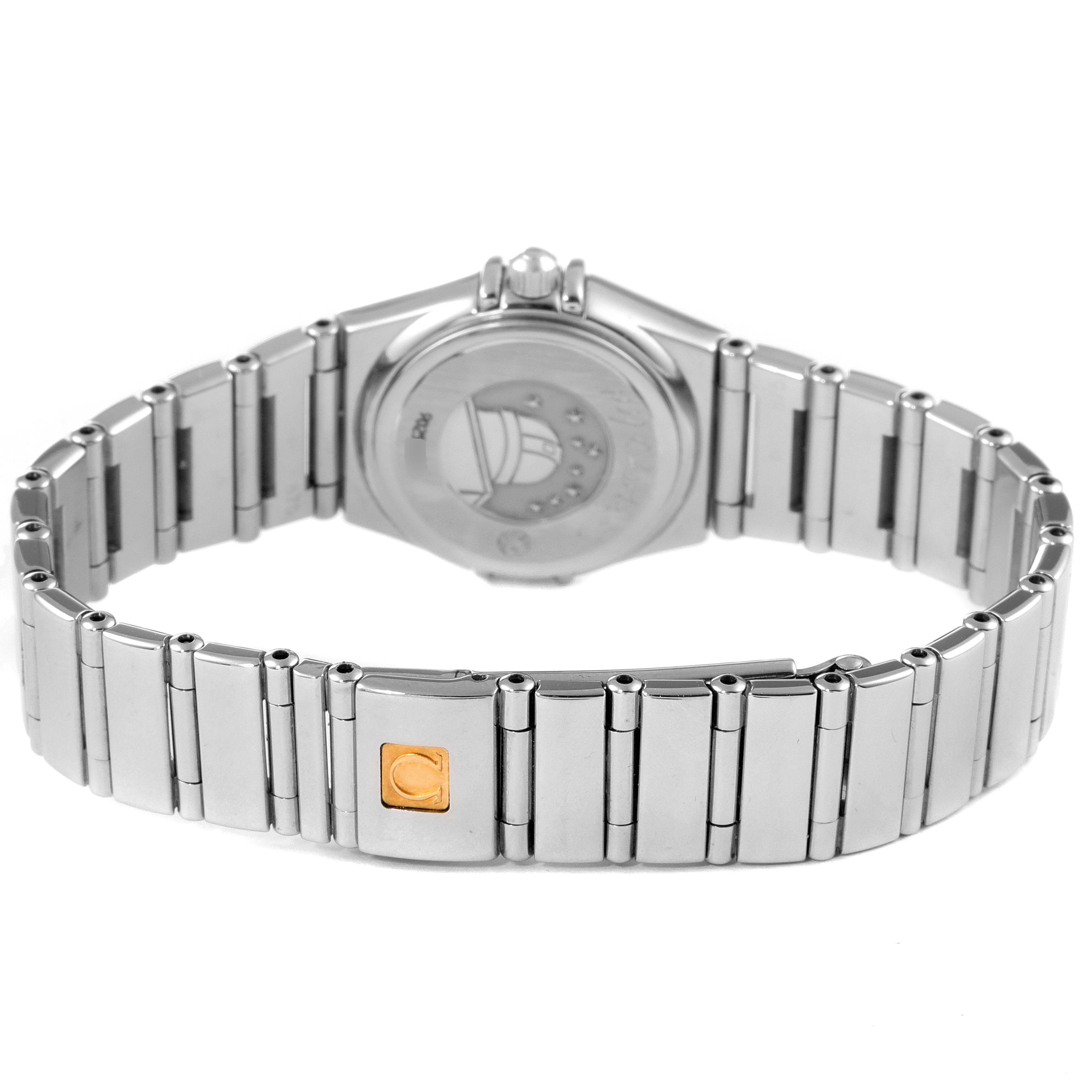 The image shows the back view of the Omega 1465.79.00 Women's Stainless Steel Mother of Pearl Dial 1465.79.00 Women's Stainless Steel Mother of Pearl Dial Constellation Iris Rainbow Multi Stone Steel Ladies Watch 1476.79.00, highlighting the bracelet and case back.