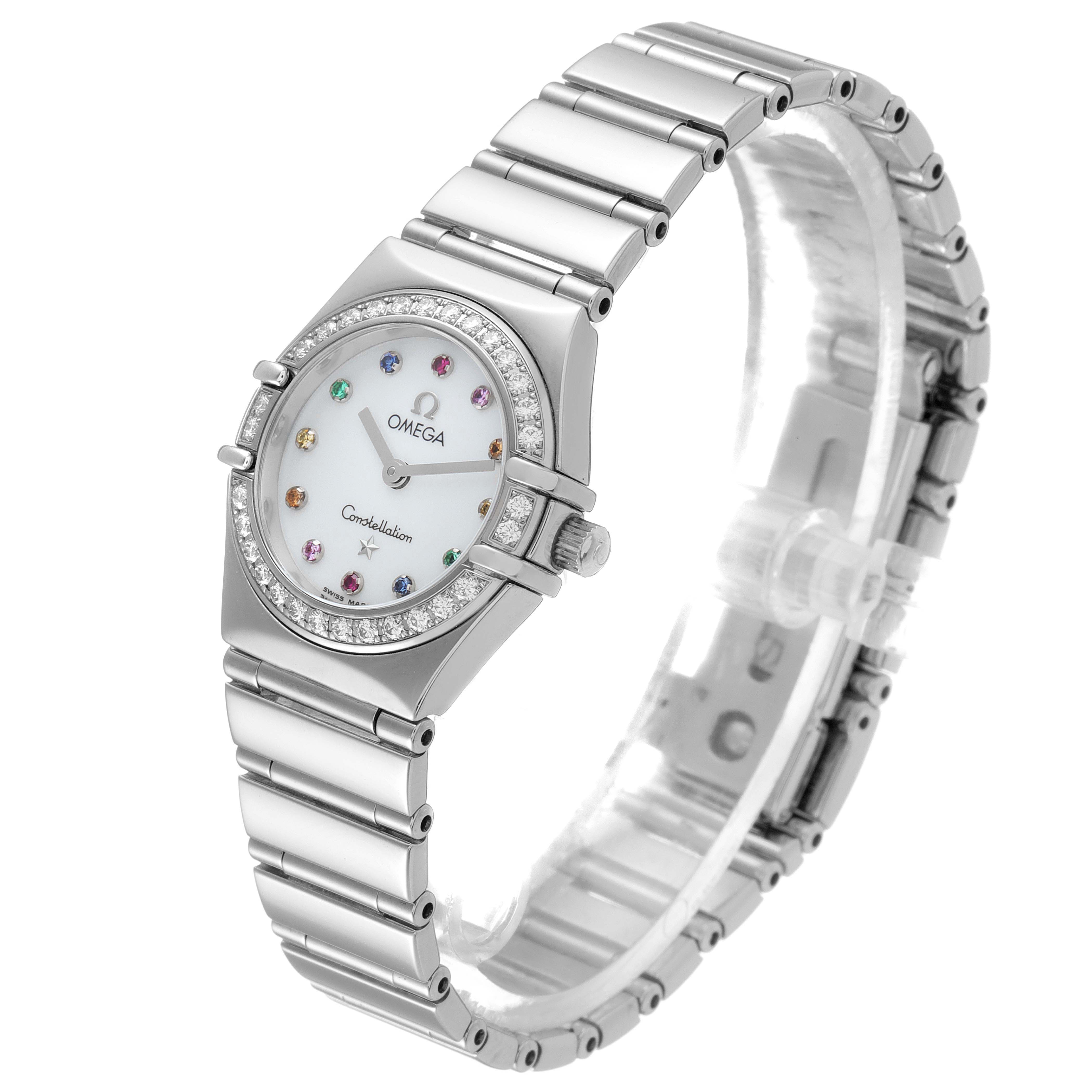 The Omega 1465.79.00 Women's Stainless Steel Mother of Pearl Dial 1465.79.00 Women's Stainless Steel Mother of Pearl Dial Constellation Iris Rainbow 1476.79.00 is shown from an angled side view, displaying the watch face, bezel, crown, and bracelet.