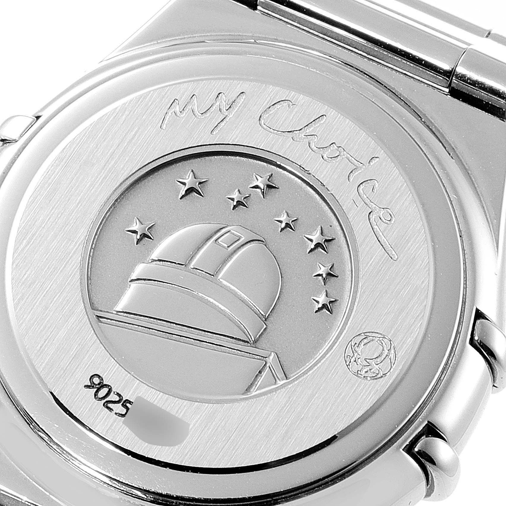 This image shows the back case of the Omega 1465.79.00 Women's Stainless Steel Mother of Pearl Dial 1465.79.00 Women's Stainless Steel Mother of Pearl Dial Constellation Iris Rainbow Multi Stone Steel Ladies Watch 1476.79.00.