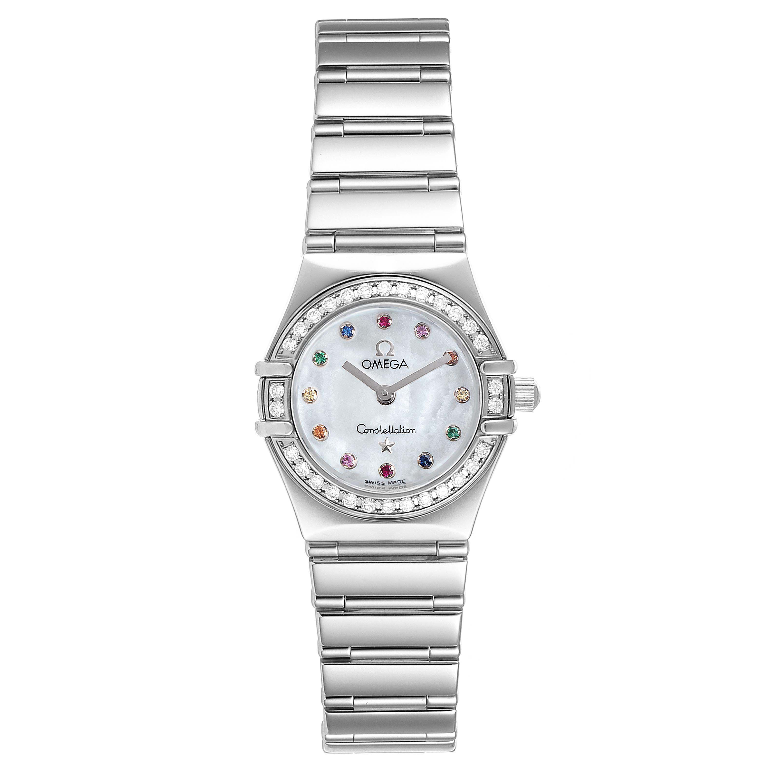 The Omega 1465.79.00 Women's Stainless Steel Mother of Pearl Dial 1465.79.00 Women's Stainless Steel Mother of Pearl Dial Constellation Iris Rainbow Multi Stone Steel Ladies Watch 1476.79.00 is shown in a top-down angle, displaying the face, bezel, and bracelet.
