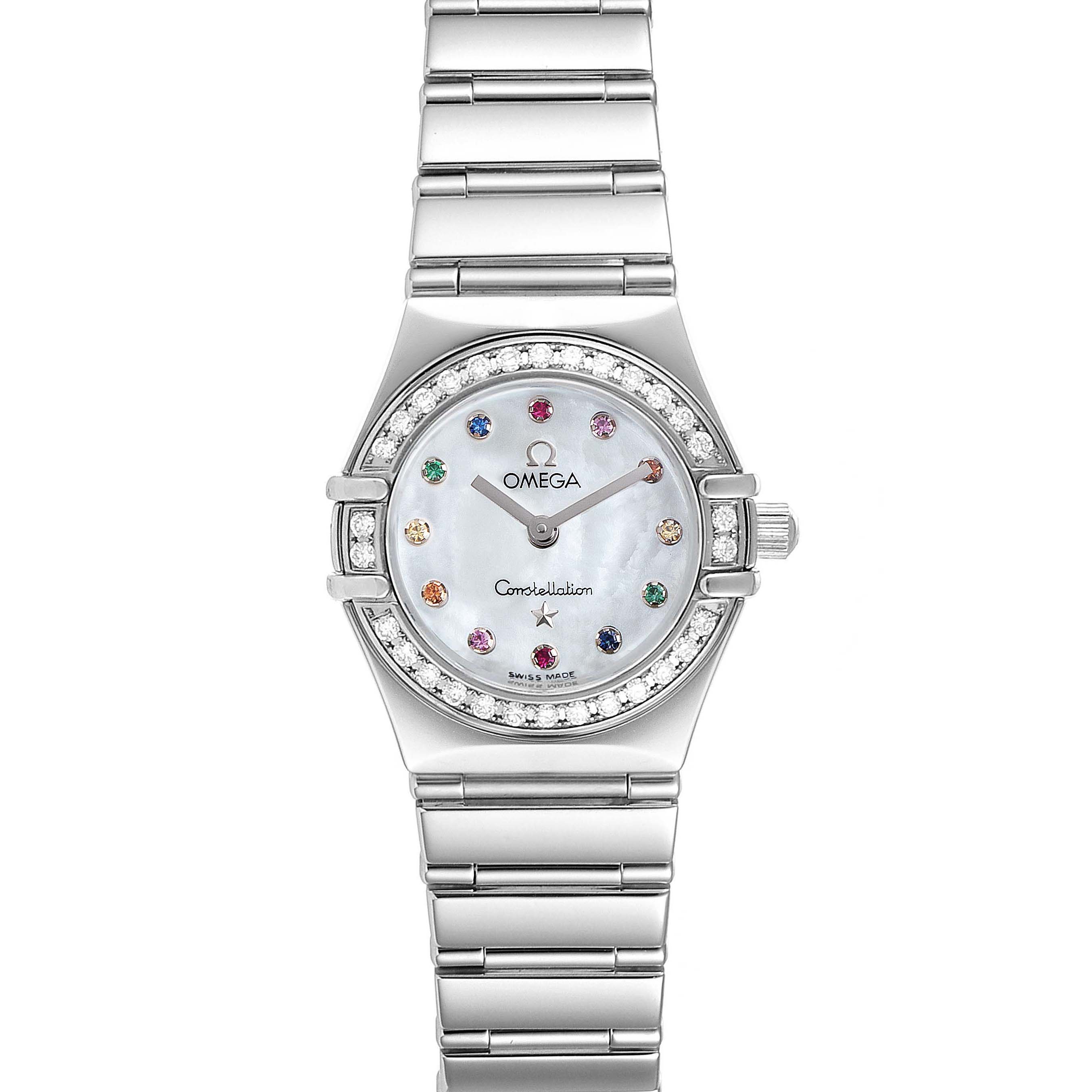 The image shows a front view of the Omega 1465.79.00 Women's Stainless Steel Mother of Pearl Dial 1465.79.00 Women's Stainless Steel Mother of Pearl Dial Constellation Iris Rainbow Multi Stone Steel Ladies Watch 1476.79.00 model, featuring its dial, bezel, and bracelet.
