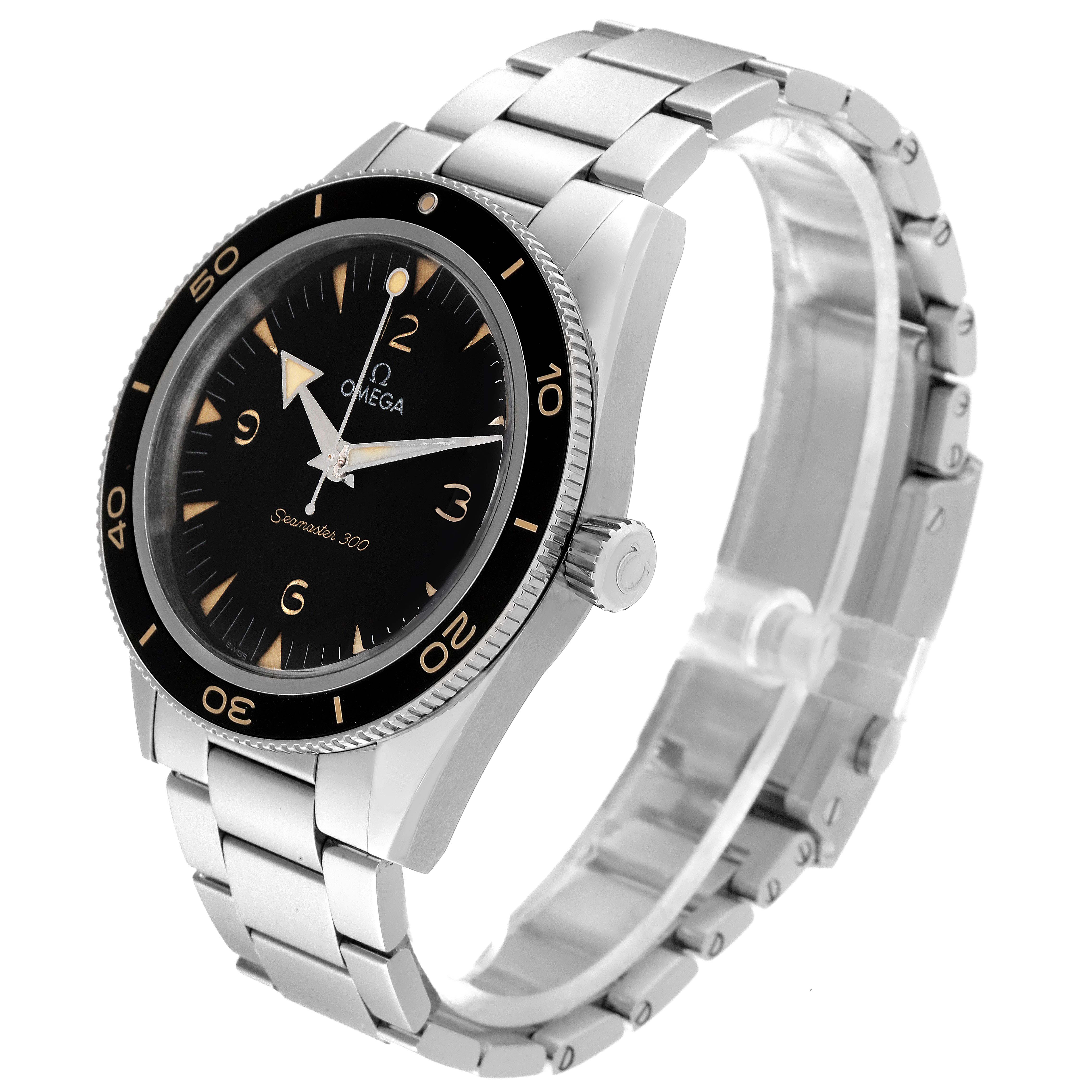 The image shows an Omega Seamaster 234.30.41.21.01.001 Men's Stainless Steel Black Dial 234.30.41.21.01.001 Men's Stainless Steel Black Dial model from a three-quarter angle, highlighting the watch face, bezel, crown, and stainless-steel bracelet.