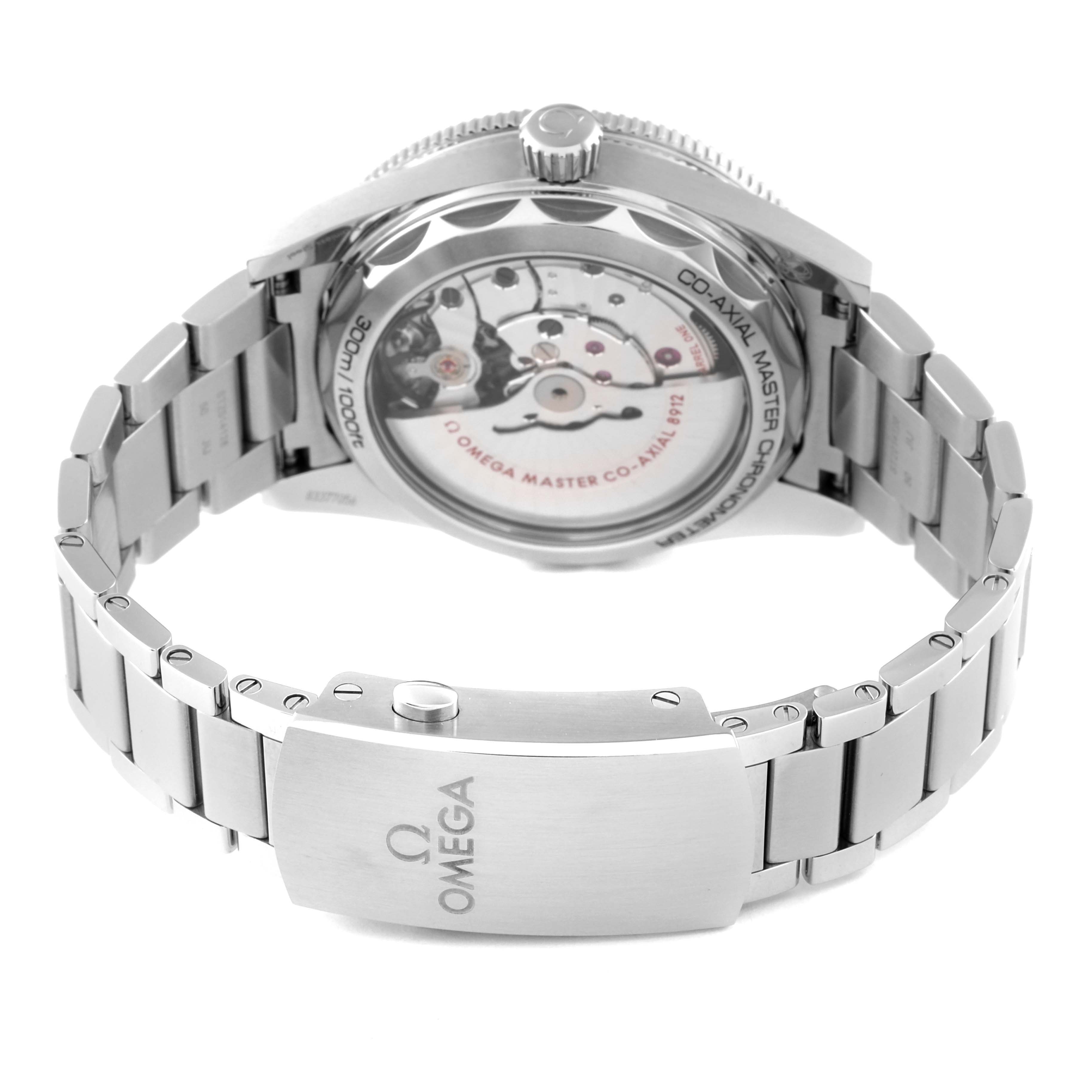 The image shows the back view of the Omega Seamaster 234.30.41.21.01.001 Men's Stainless Steel Black Dial 234.30.41.21.01.001 Men's Stainless Steel Black Dial watch, highlighting its open case back, bracelet, and clasp.