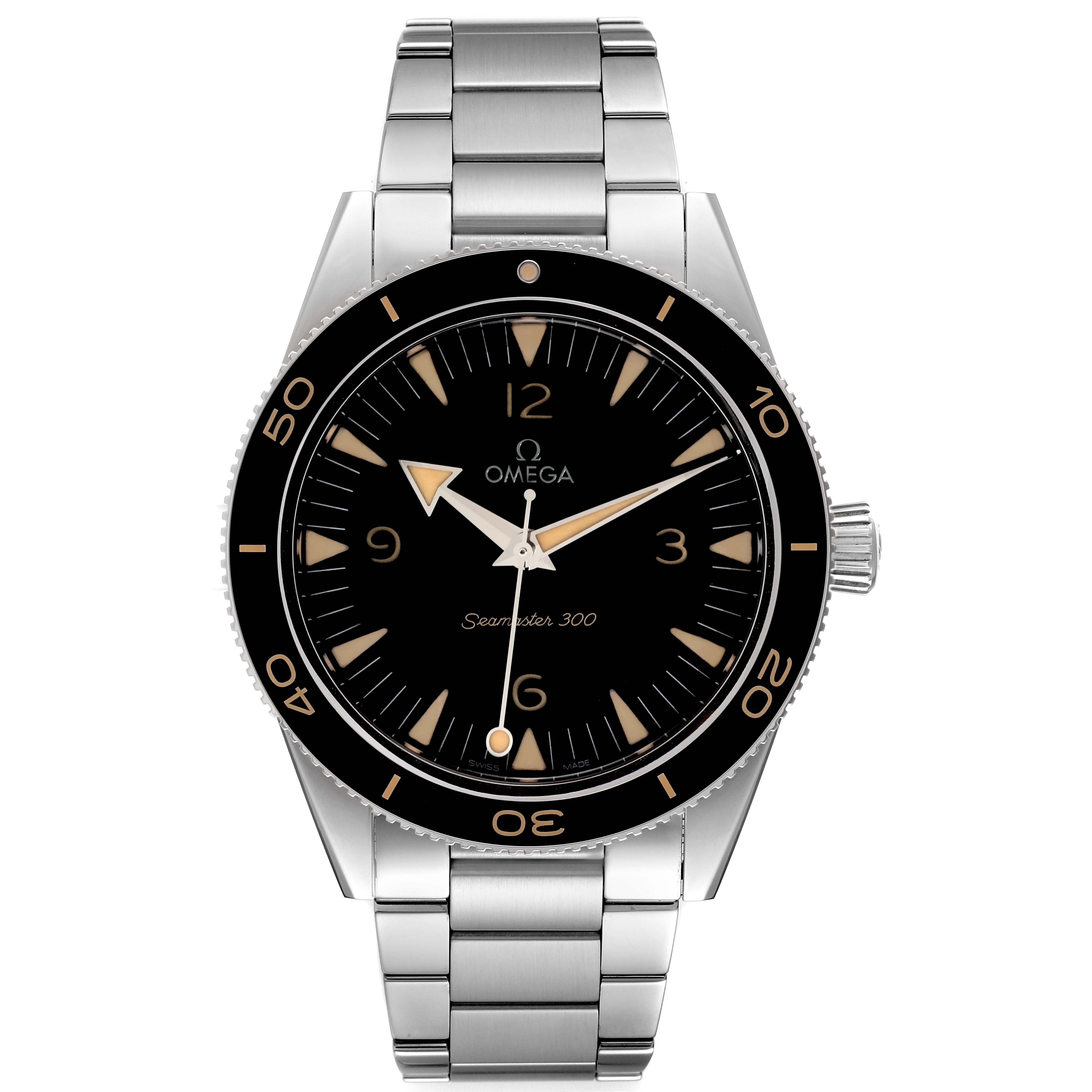 The image shows a frontal view of an Omega Seamaster 234.30.41.21.01.001 Men's Stainless Steel Black Dial 234.30.41.21.01.001 Men's Stainless Steel Black Dial 300 watch, displaying its stainless steel band and black dial.