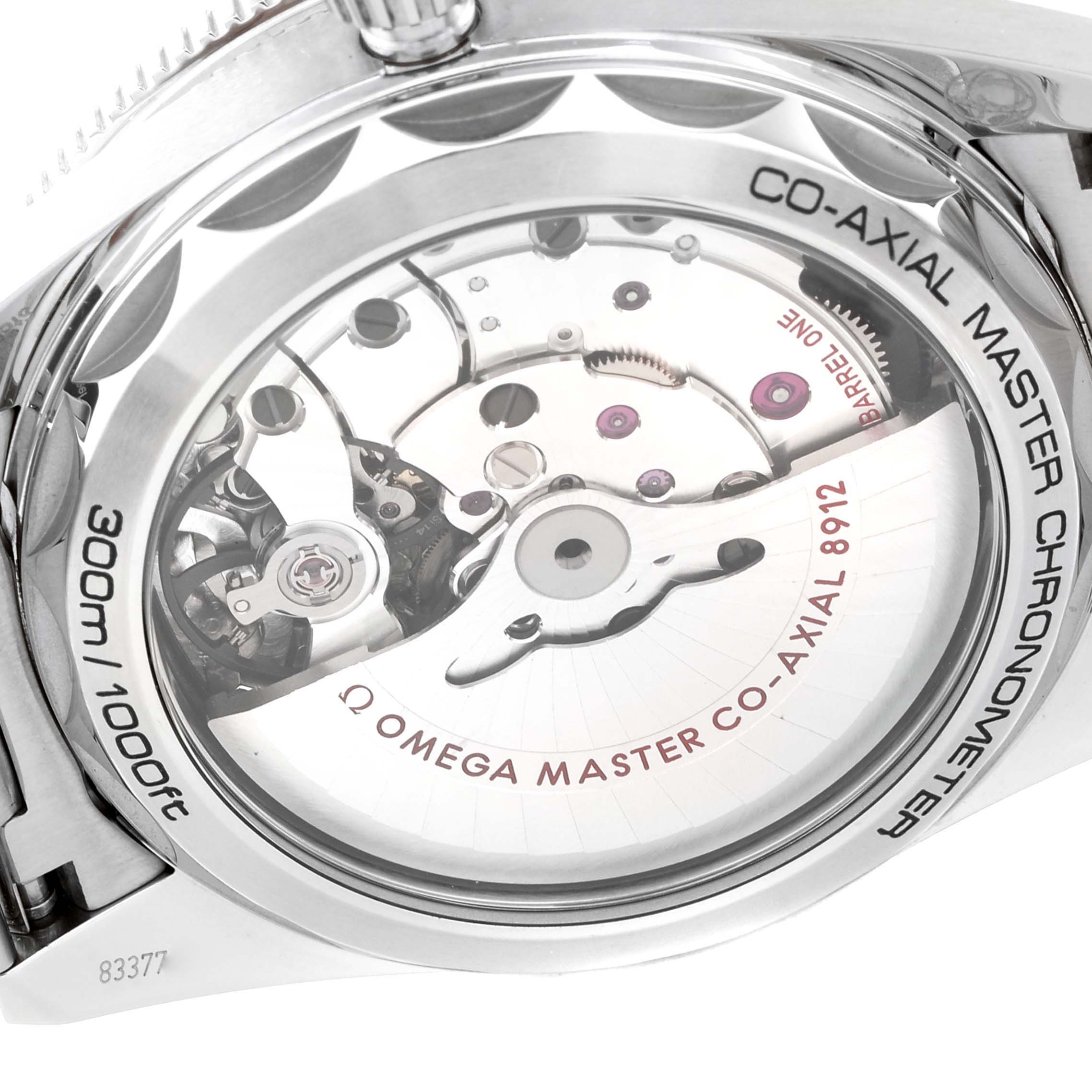 This is a close-up of the movement and backside of the Omega Seamaster 234.30.41.21.01.001 Men's Stainless Steel Black Dial 234.30.41.21.01.001 Men's Stainless Steel Black Dial, displaying the Co-Axial Master Chronometer mechanism.