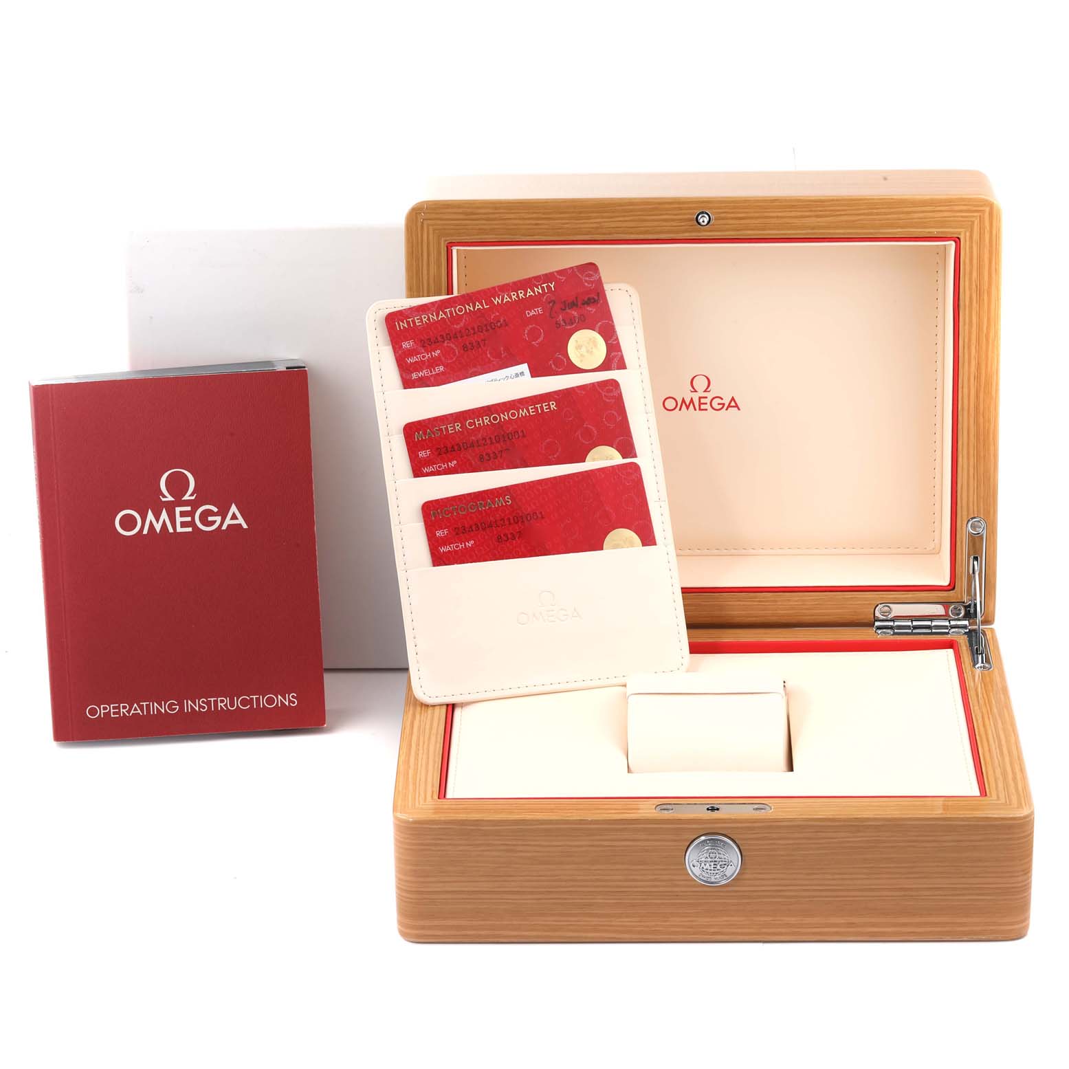 The image shows the box, warranty cards, and operating instructions for an Omega Seamaster 234.30.41.21.01.001 Men's Stainless Steel Black Dial 234.30.41.21.01.001 Men's Stainless Steel Black Dial watch.