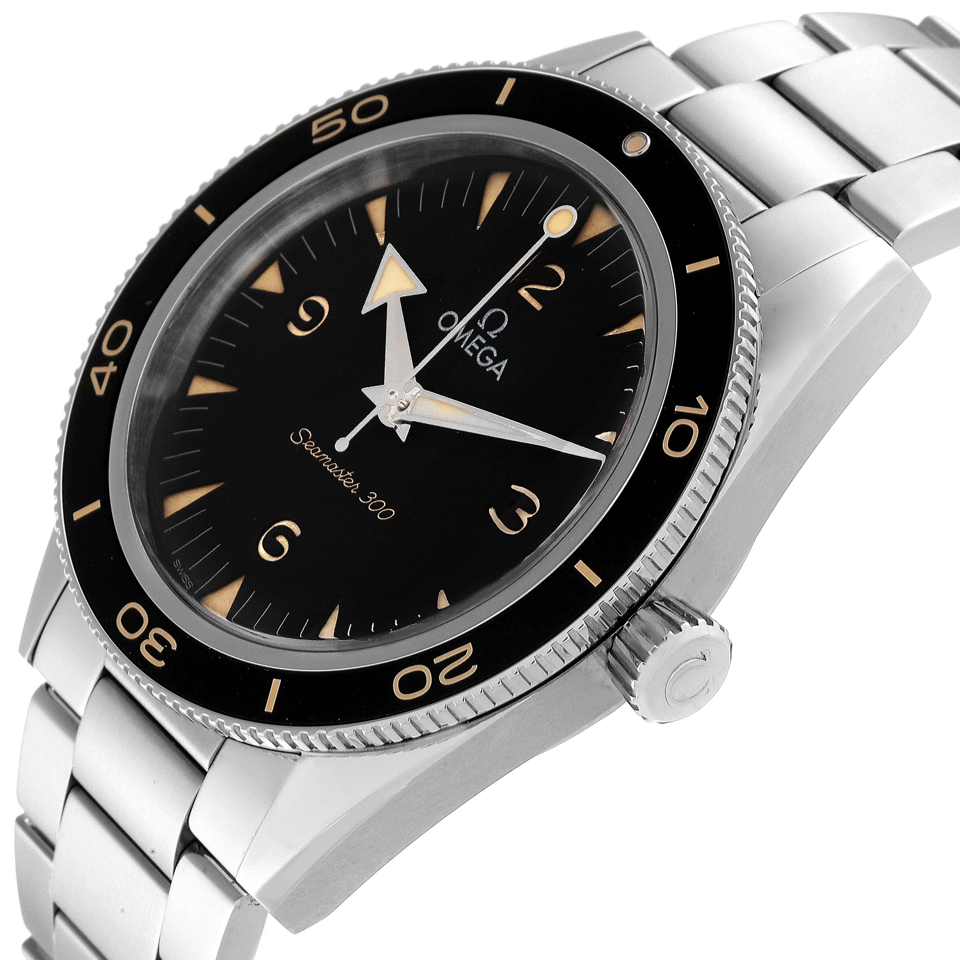 The image shows the Omega Seamaster 234.30.41.21.01.001 Men's Stainless Steel Black Dial 234.30.41.21.01.001 Men's Stainless Steel Black Dial 300 watch from an angled side view, highlighting the dial, bezel, and part of the bracelet.