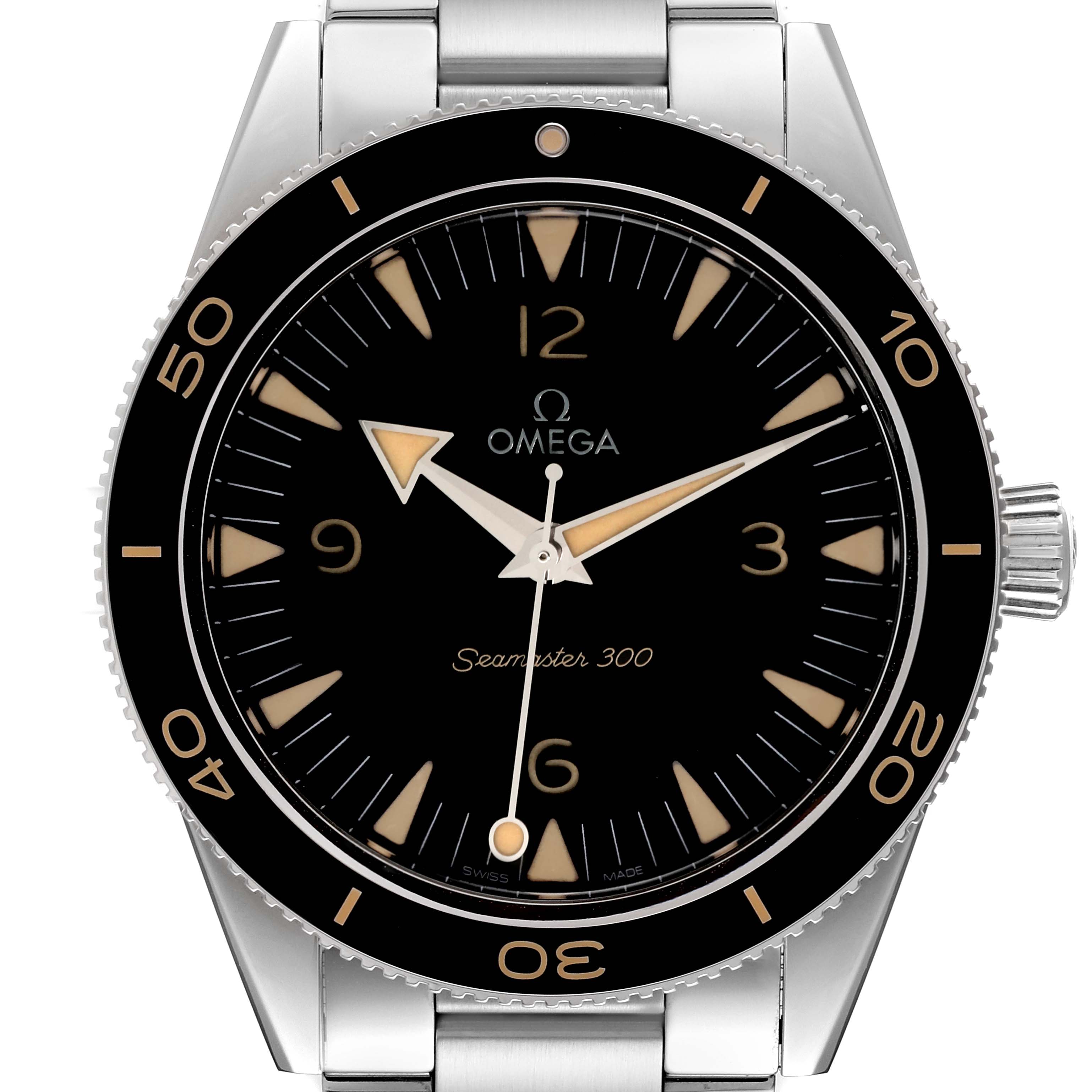 The image shows a front view of an Omega Seamaster 234.30.41.21.01.001 Men's Stainless Steel Black Dial 234.30.41.21.01.001 Men's Stainless Steel Black Dial 300 watch, highlighting the dial, bezel, and part of the bracelet.