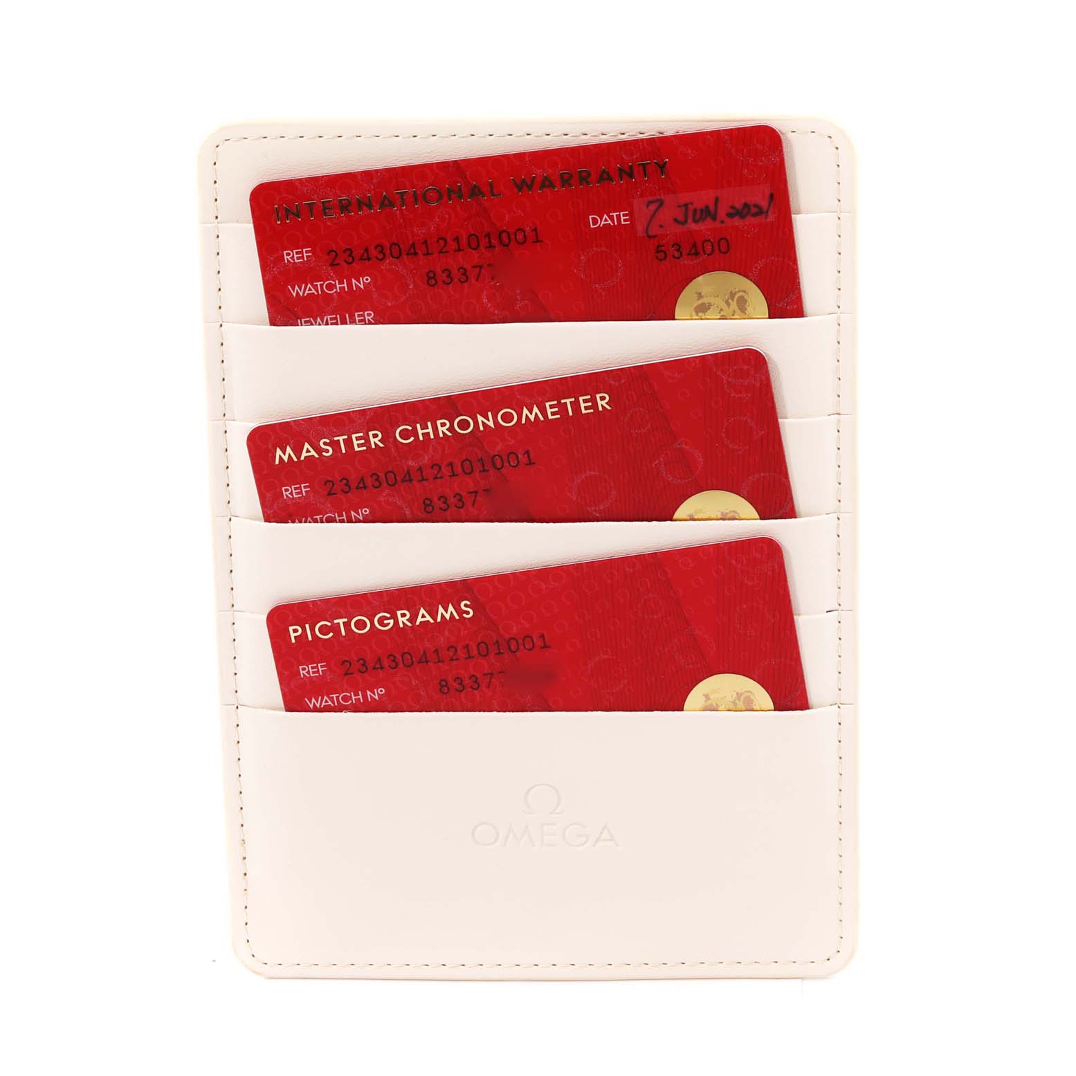 The image shows three Omega Seamaster 234.30.41.21.01.001 Men's Stainless Steel Black Dial 234.30.41.21.01.001 Men's Stainless Steel Black Dial International Warranty cards in a white cardholder, photographed from above.